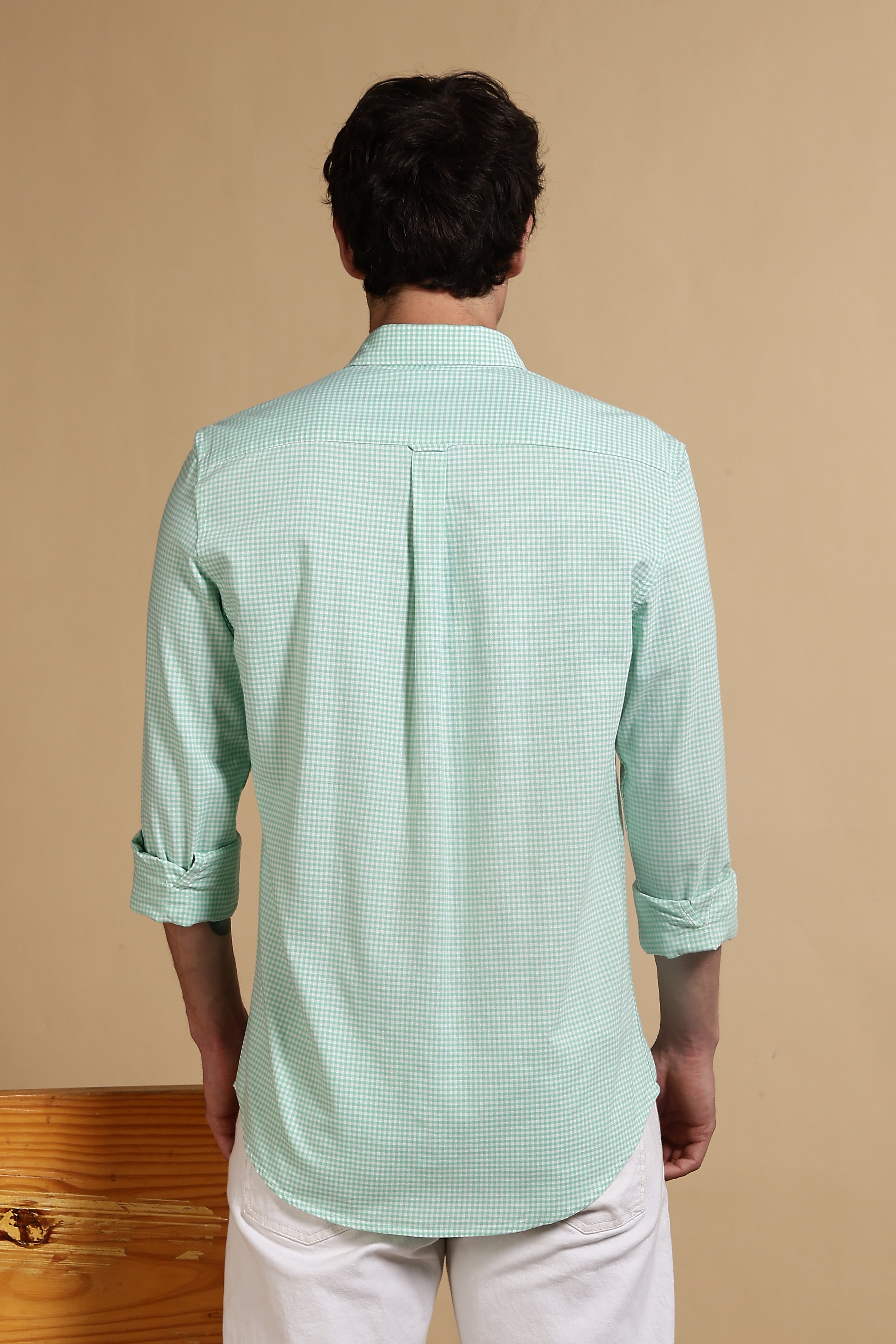 Men Green Cotton Oxford Slim Fit Mini Checks Shirt