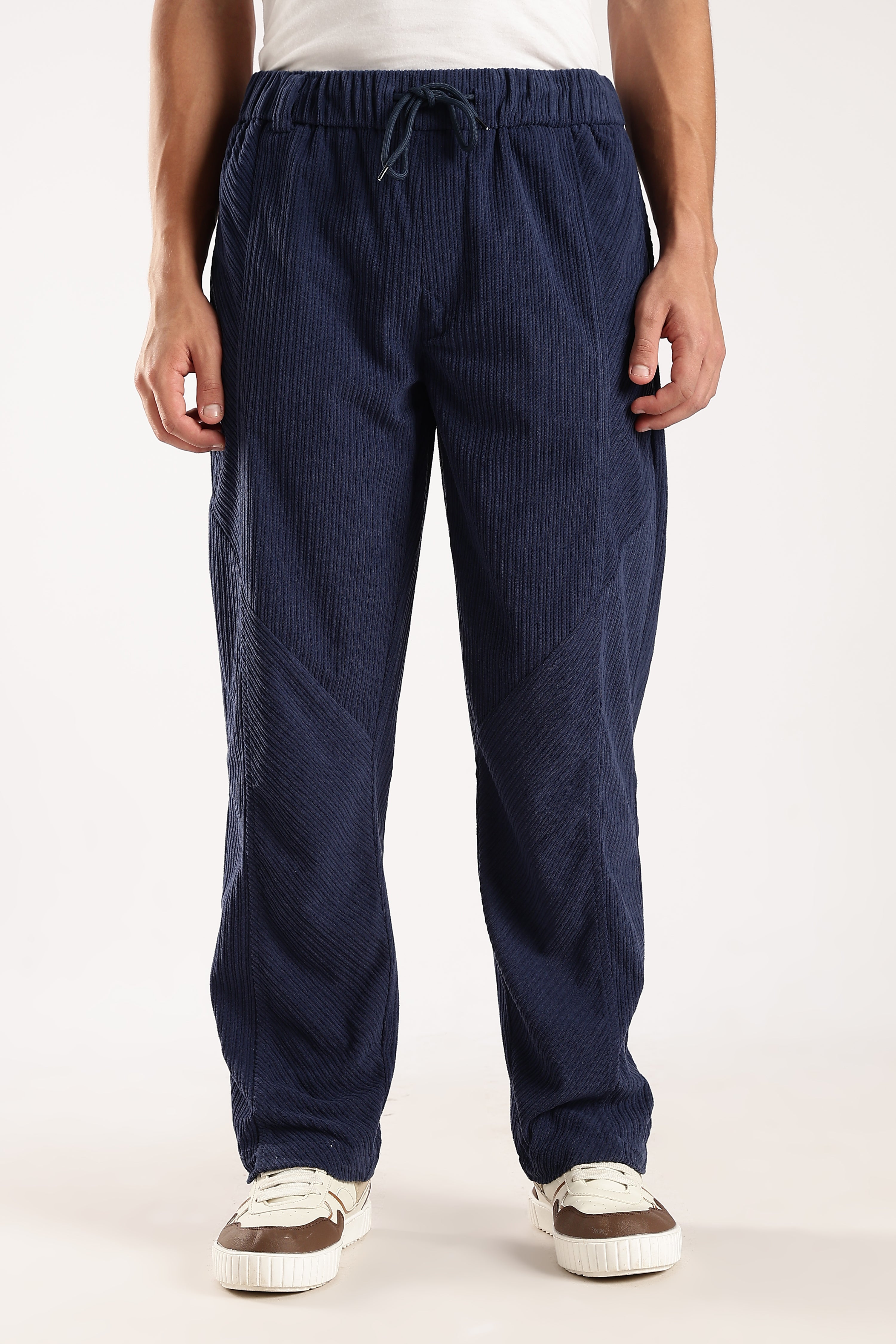 Men Blue Textured Drawcord Trousers