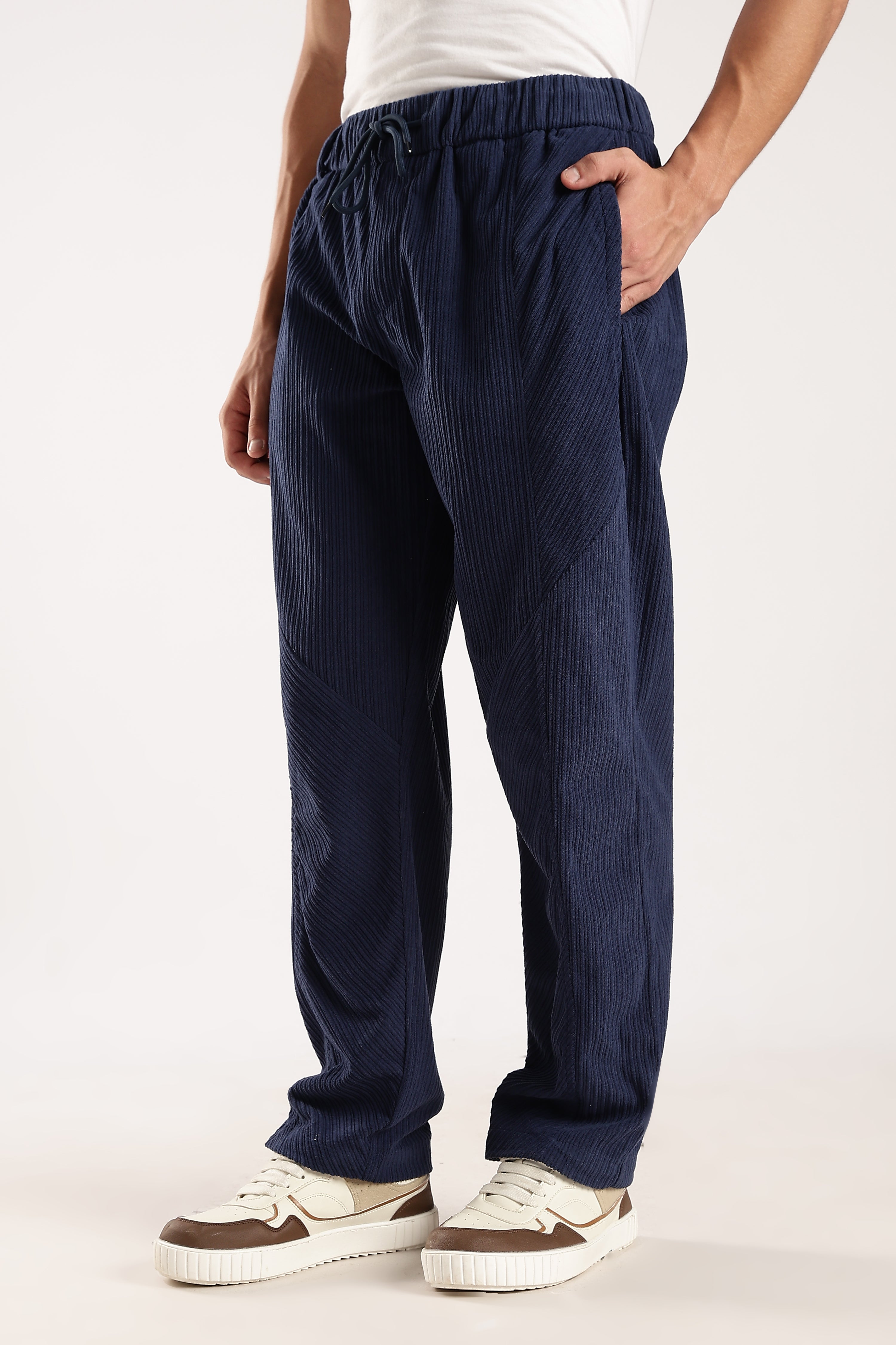 Men Blue Textured Drawcord Trousers