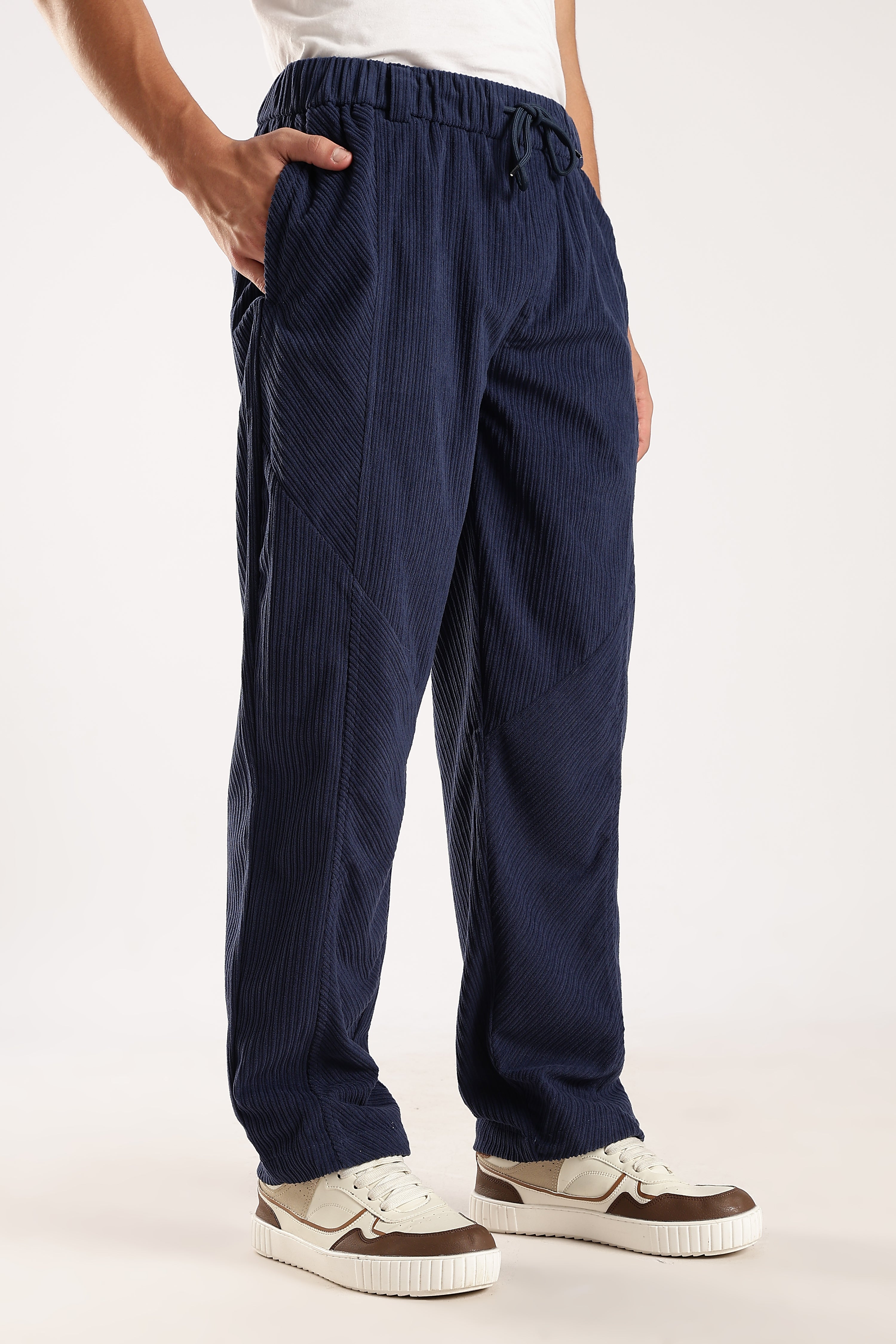 Men Blue Textured Drawcord Trousers