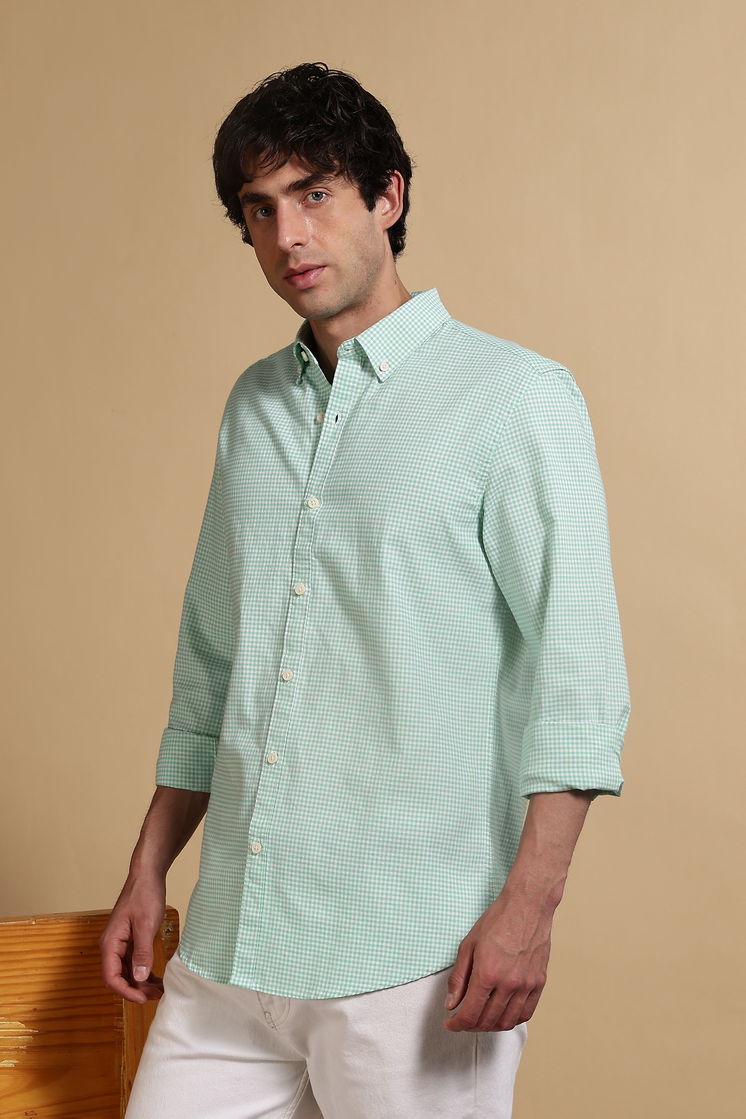 Men Green Cotton Oxford Slim Fit Mini Checks Shirt