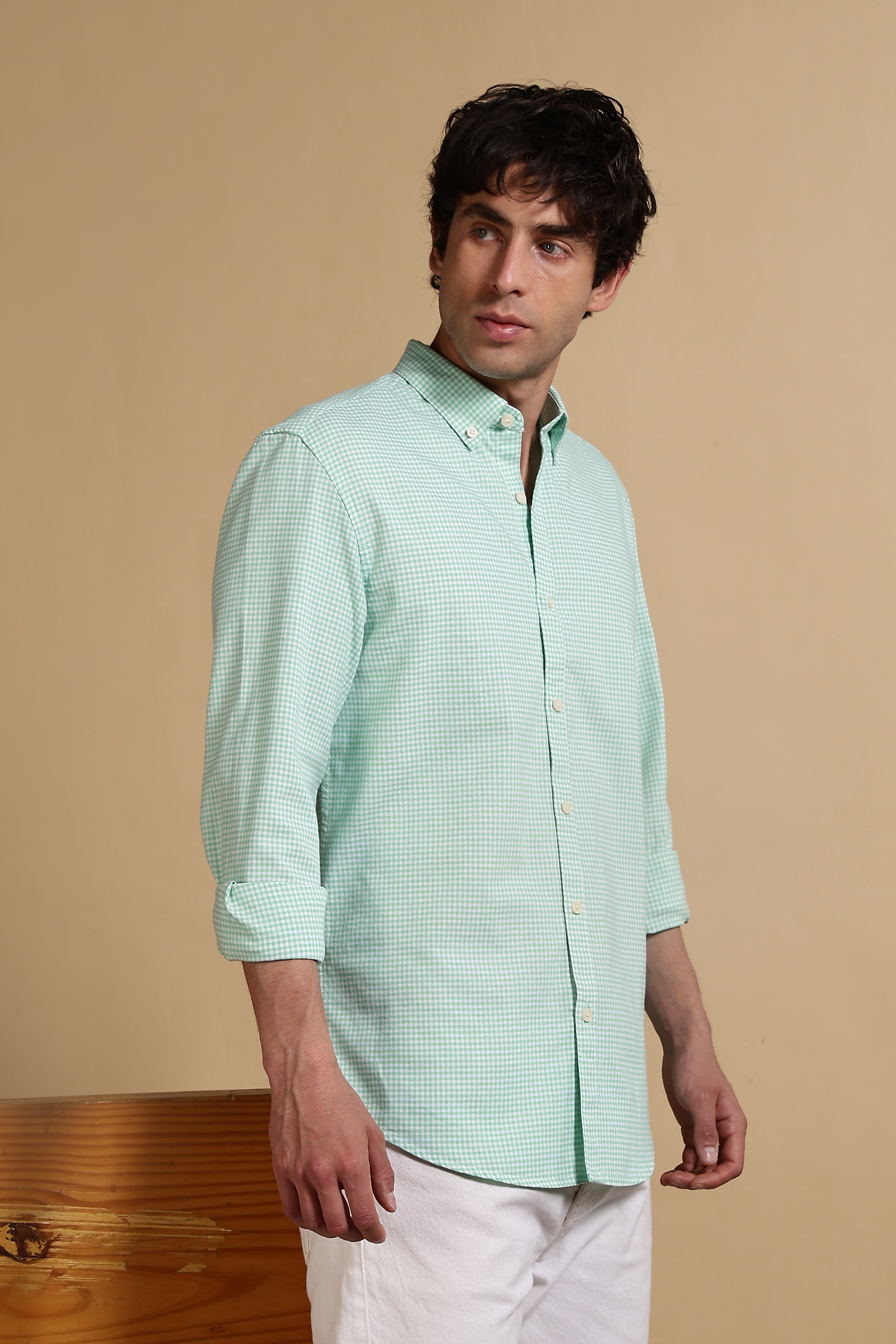 Men Green Cotton Oxford Slim Fit Mini Checks Shirt