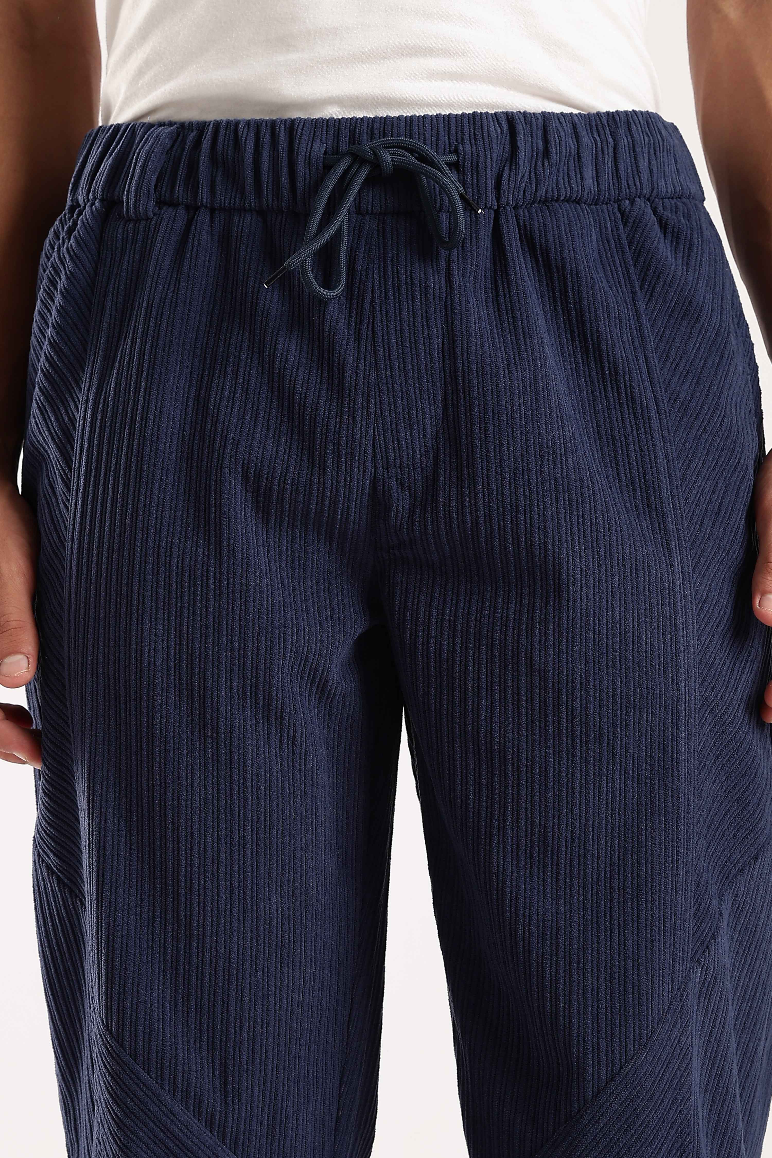 Men Blue Textured Drawcord Trousers