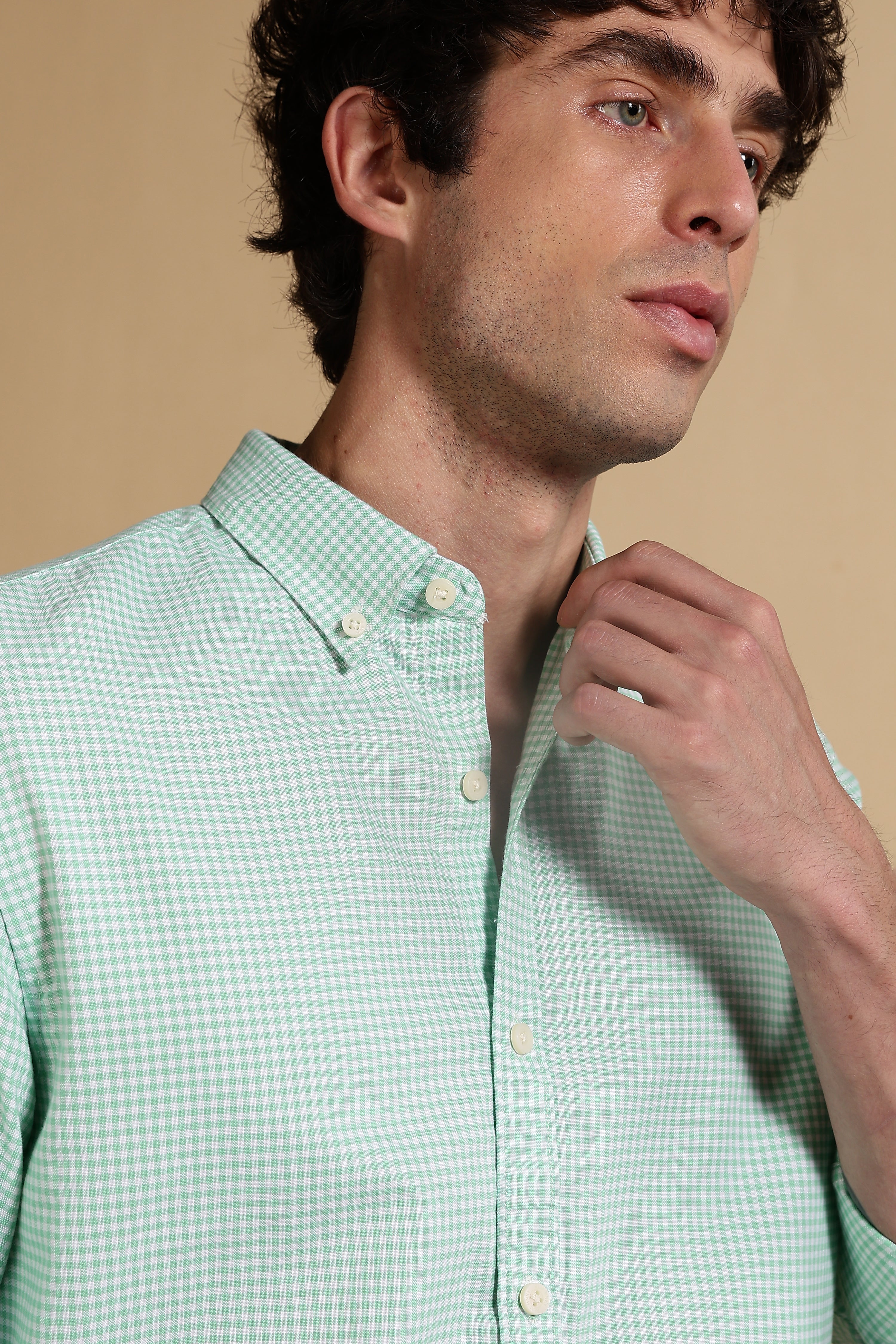 Men Green Cotton Oxford Slim Fit Mini Checks Shirt