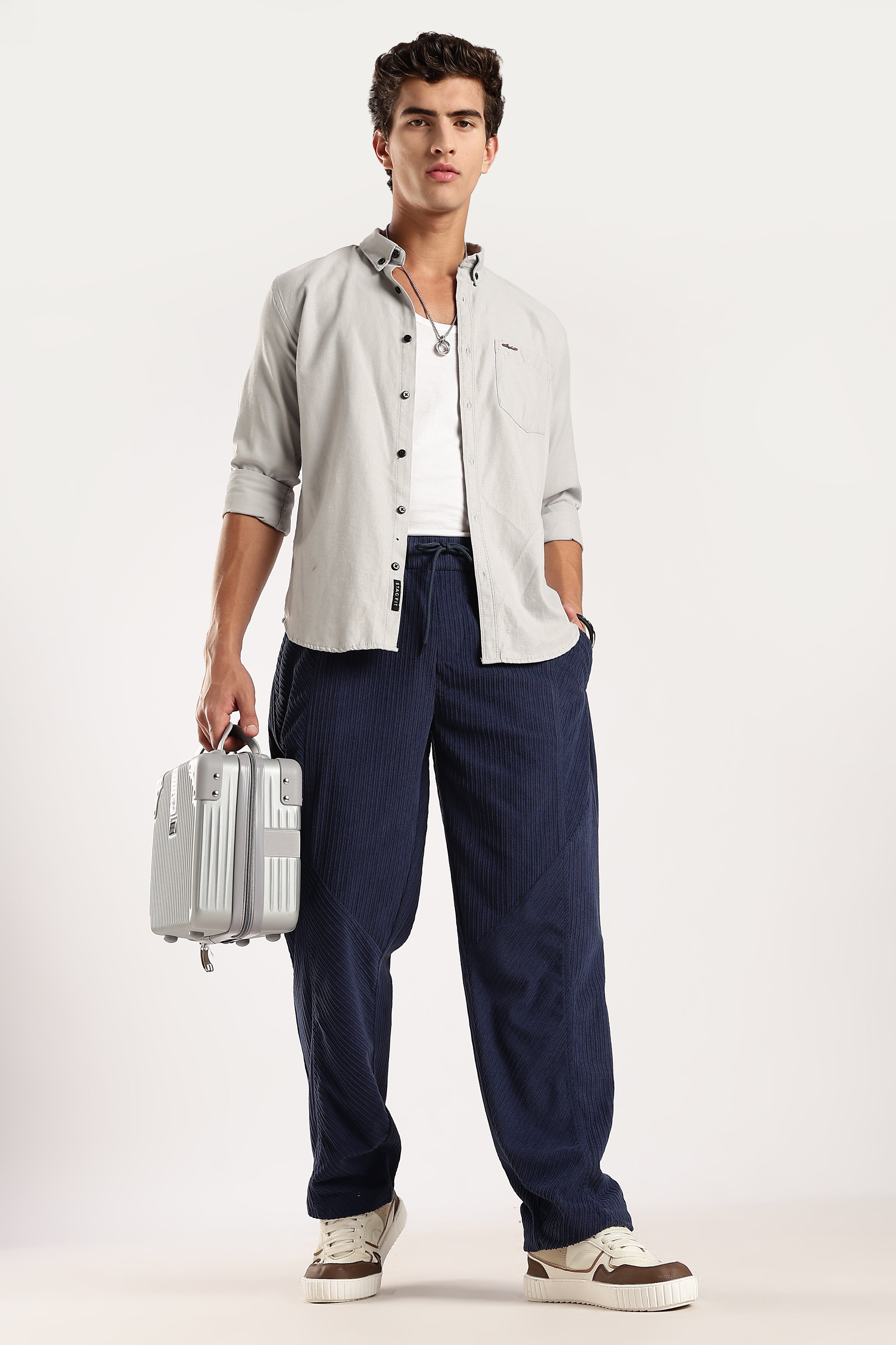 Men Blue Textured Drawcord Trousers