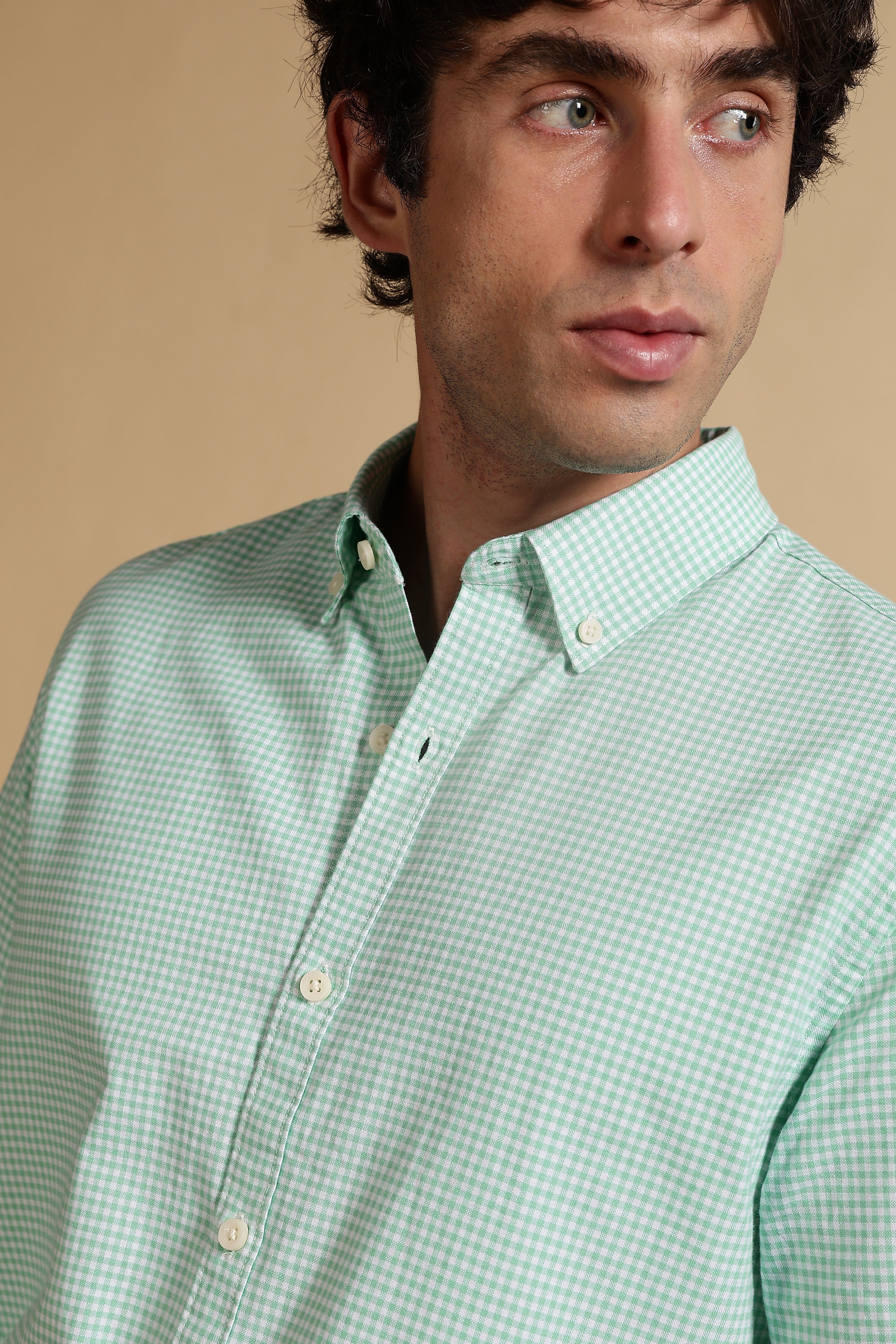 Men Green Cotton Oxford Slim Fit Mini Checks Shirt
