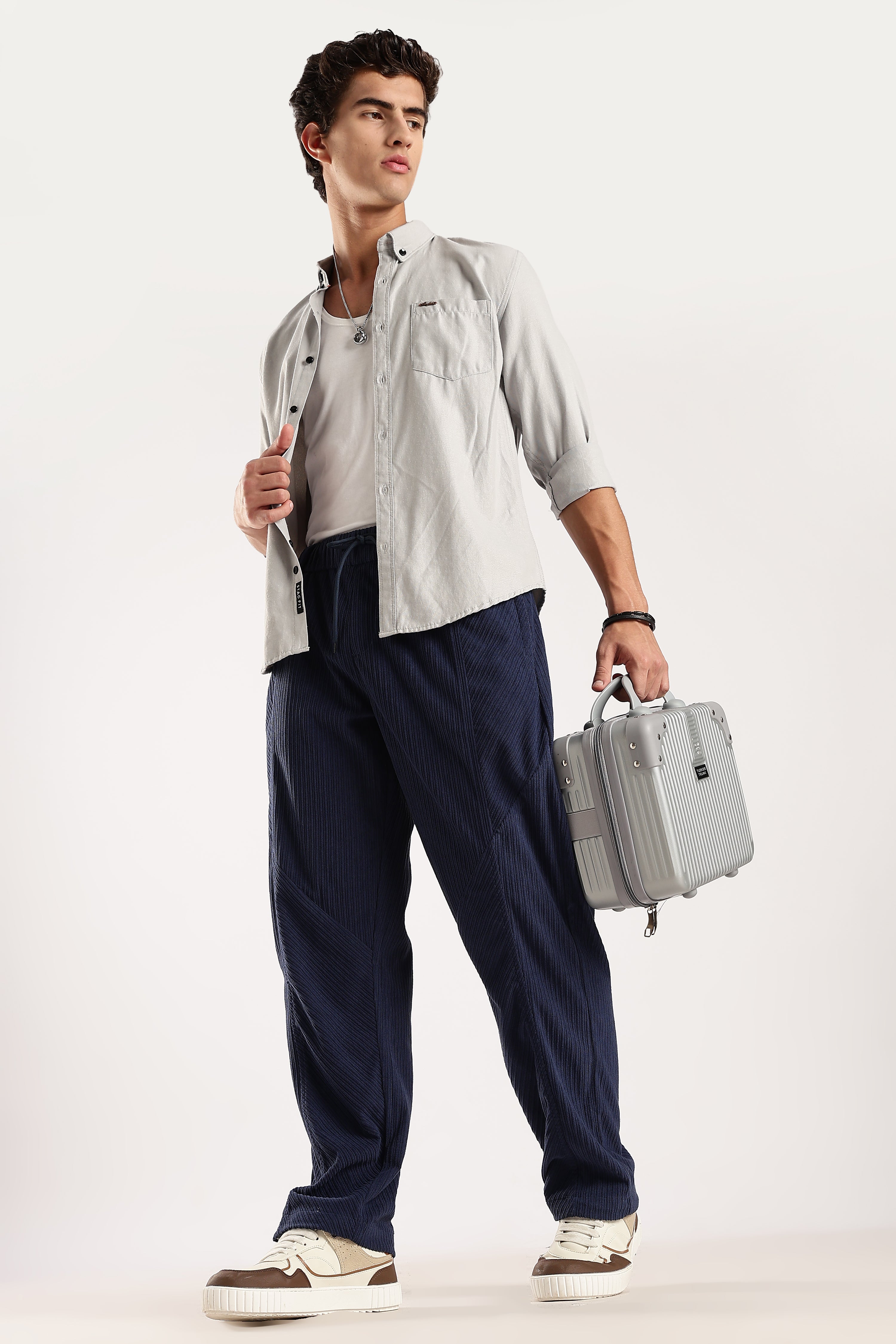 Men Blue Textured Drawcord Trousers