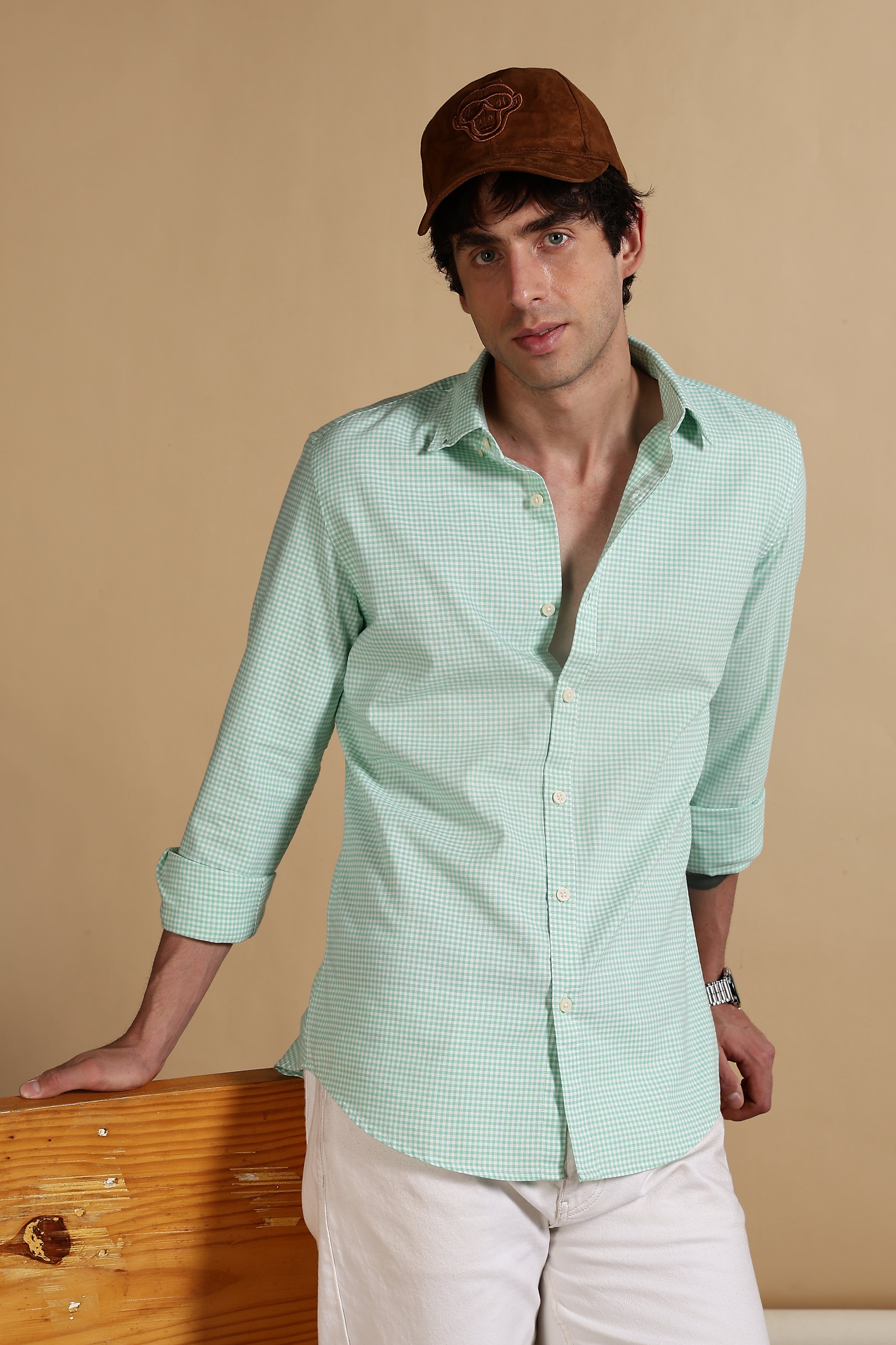 Men Green Cotton Oxford Slim Fit Mini Checks Shirt