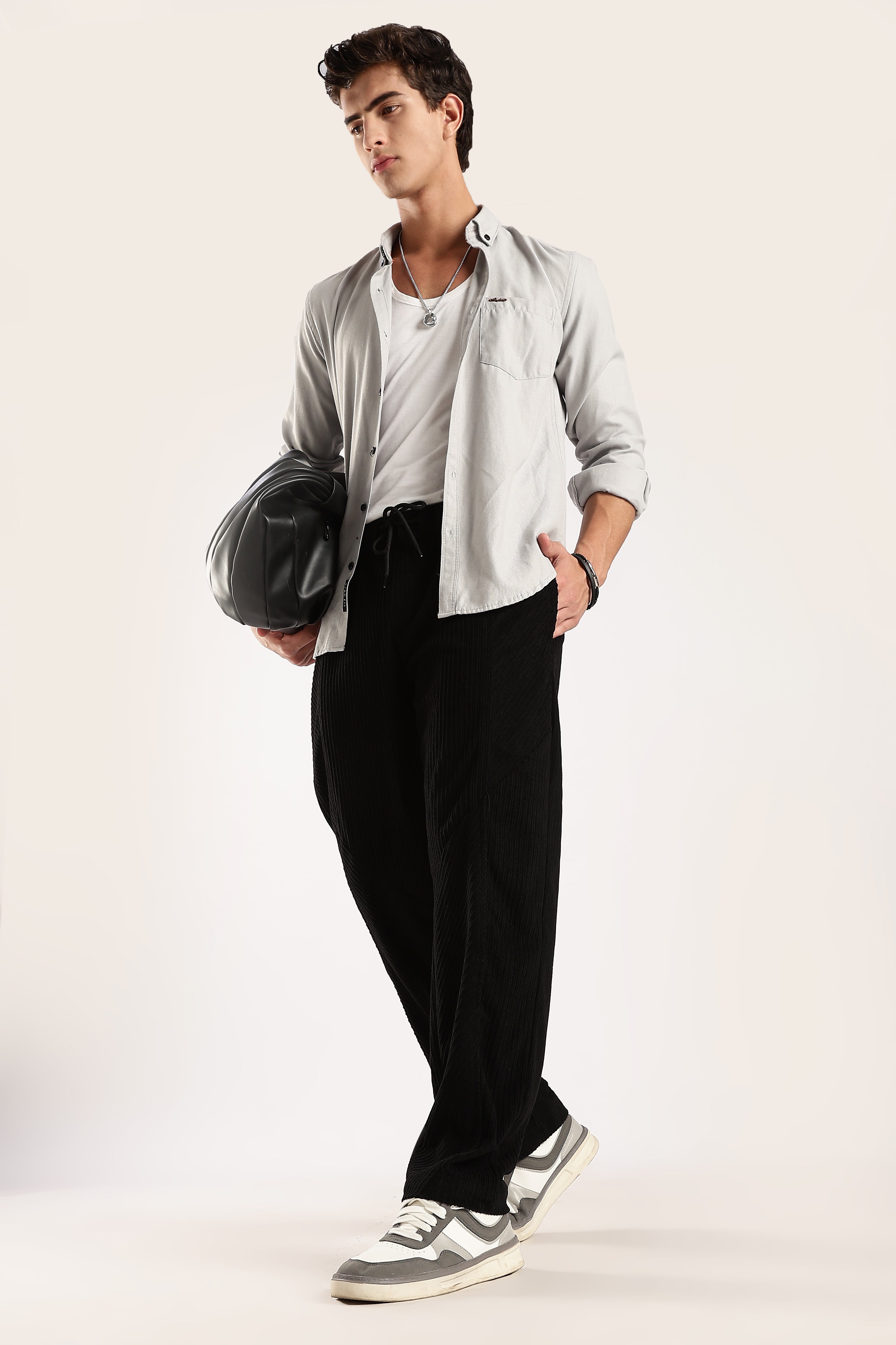 Men Black Textured Drawcord Trousers