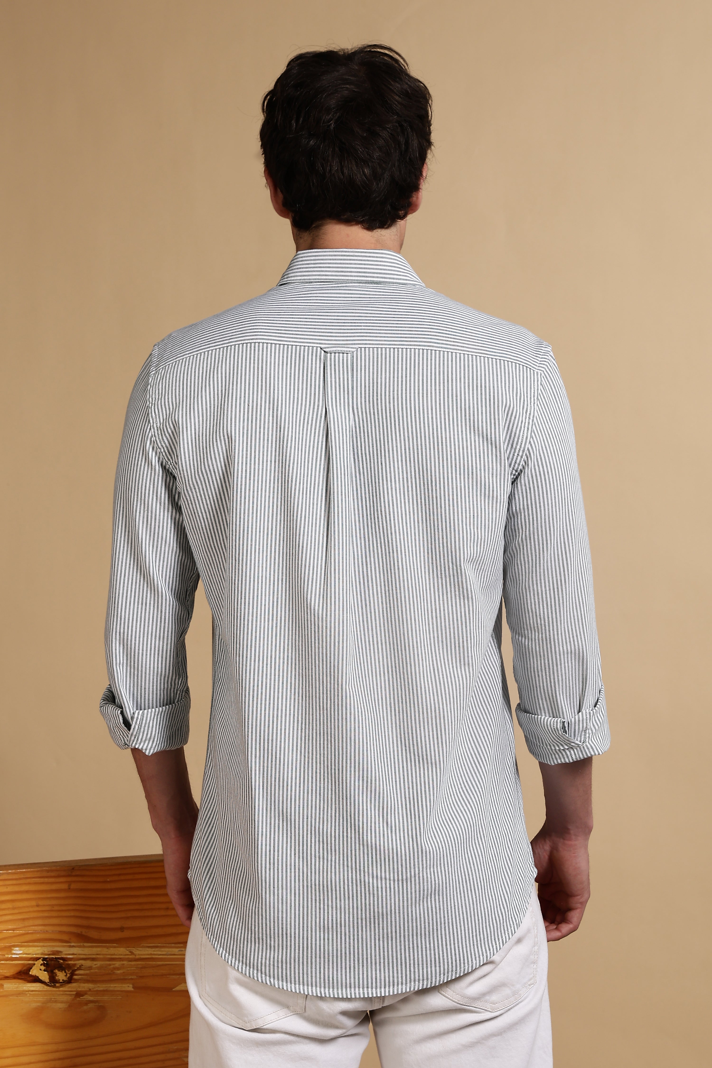 Men Green Cotton Oxford Slim Fit Striped Shirt