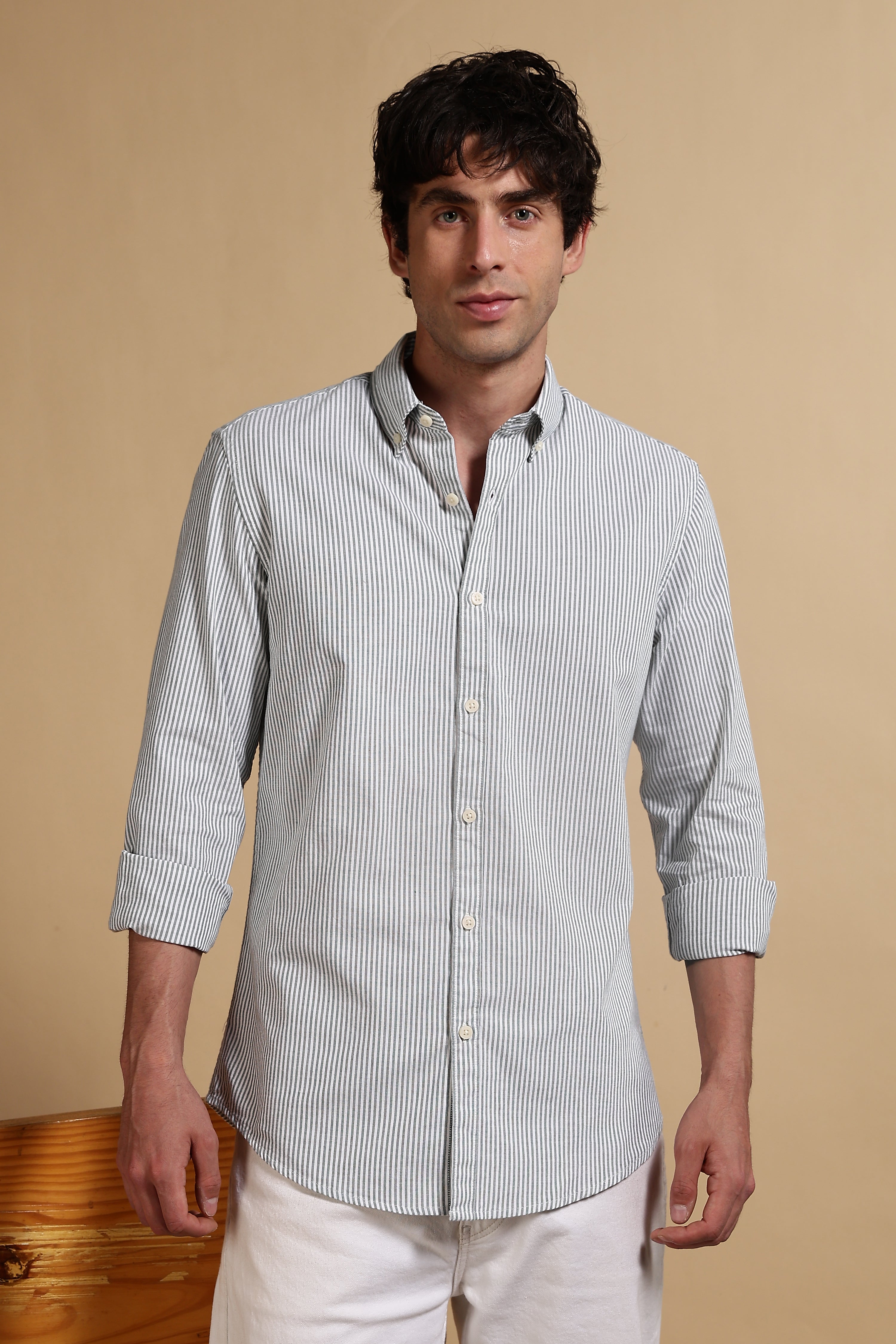 Men Green Cotton Oxford Slim Fit Striped Shirt