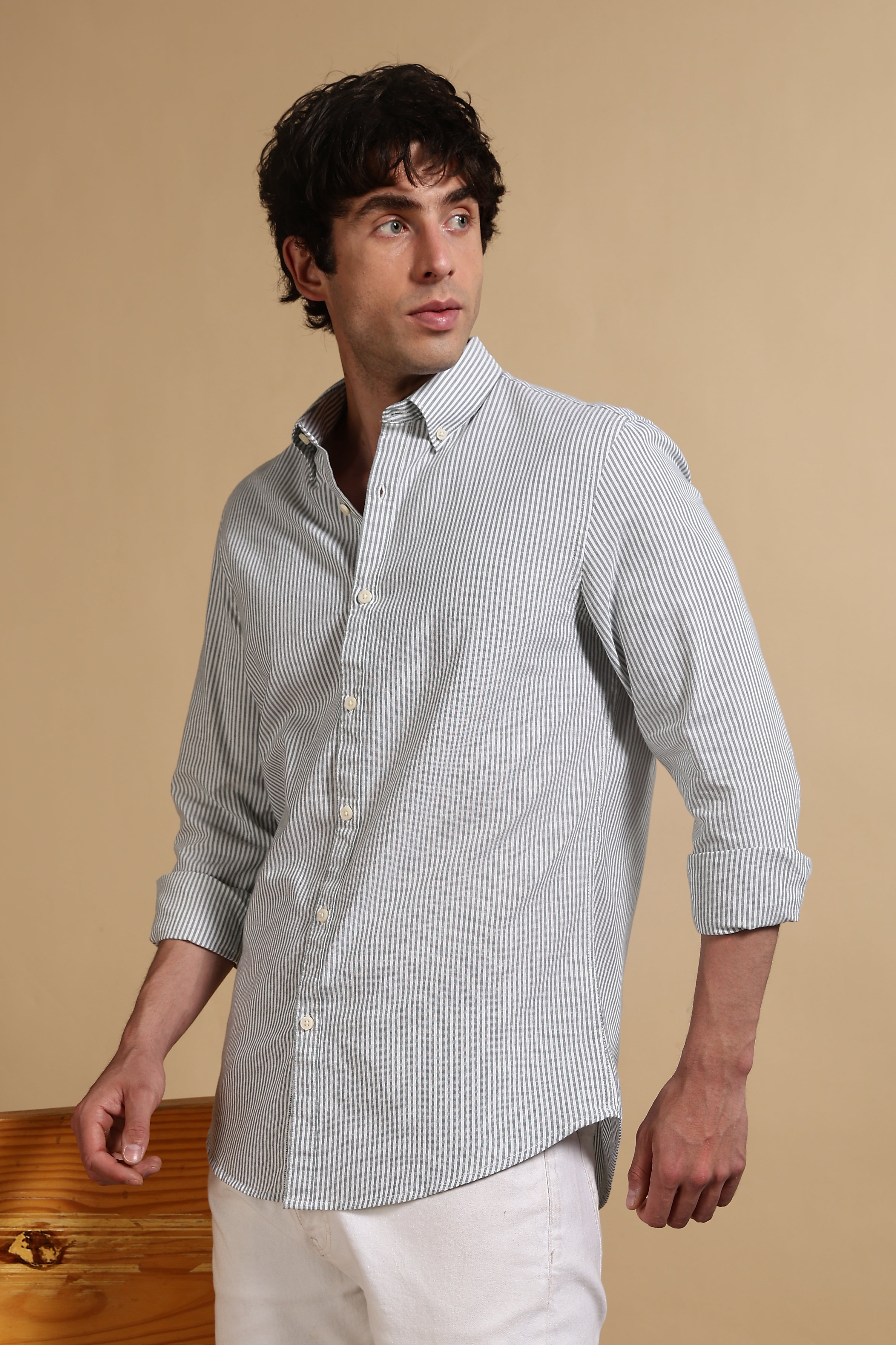 Men Green Cotton Oxford Slim Fit Striped Shirt