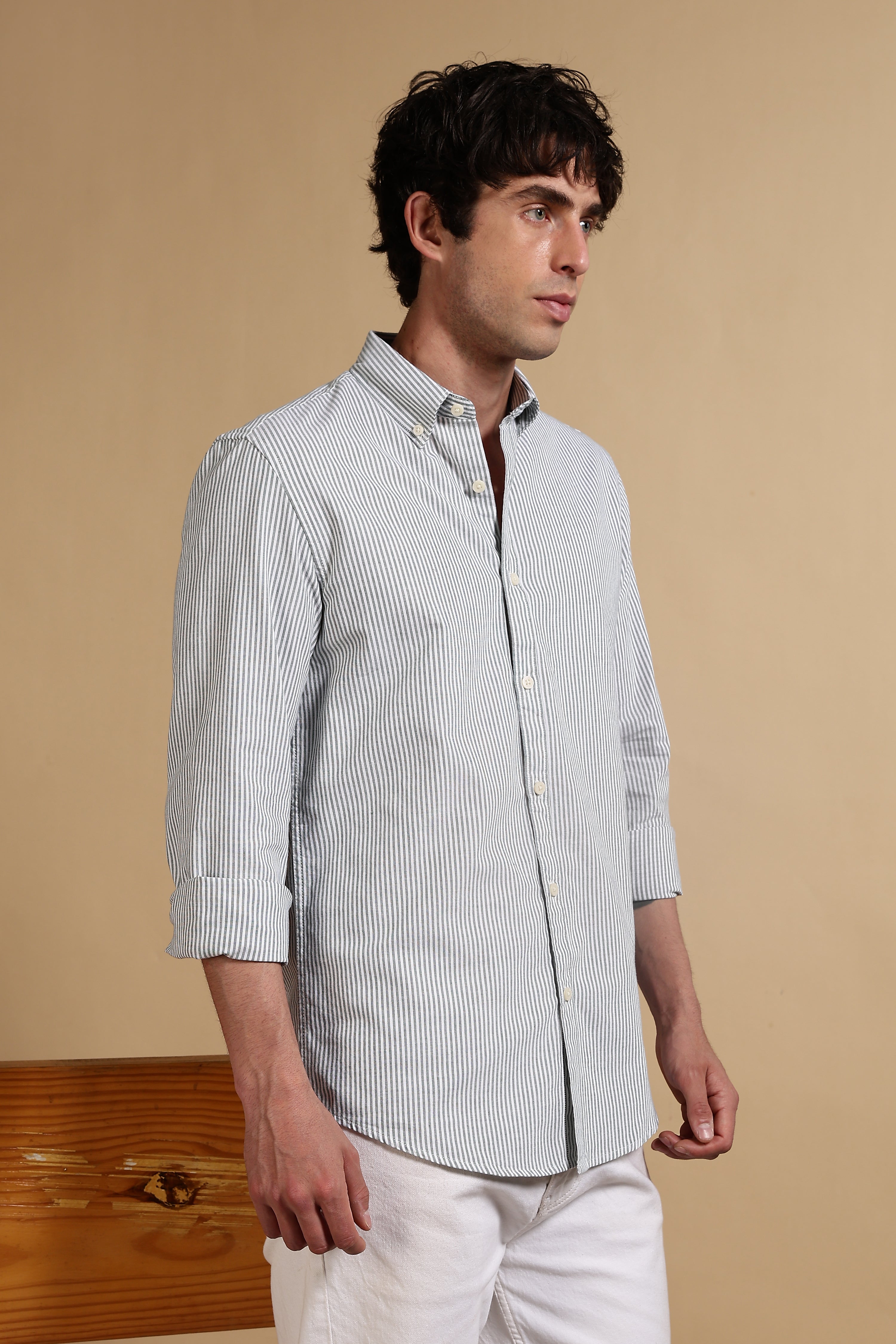 Men Green Cotton Oxford Slim Fit Striped Shirt
