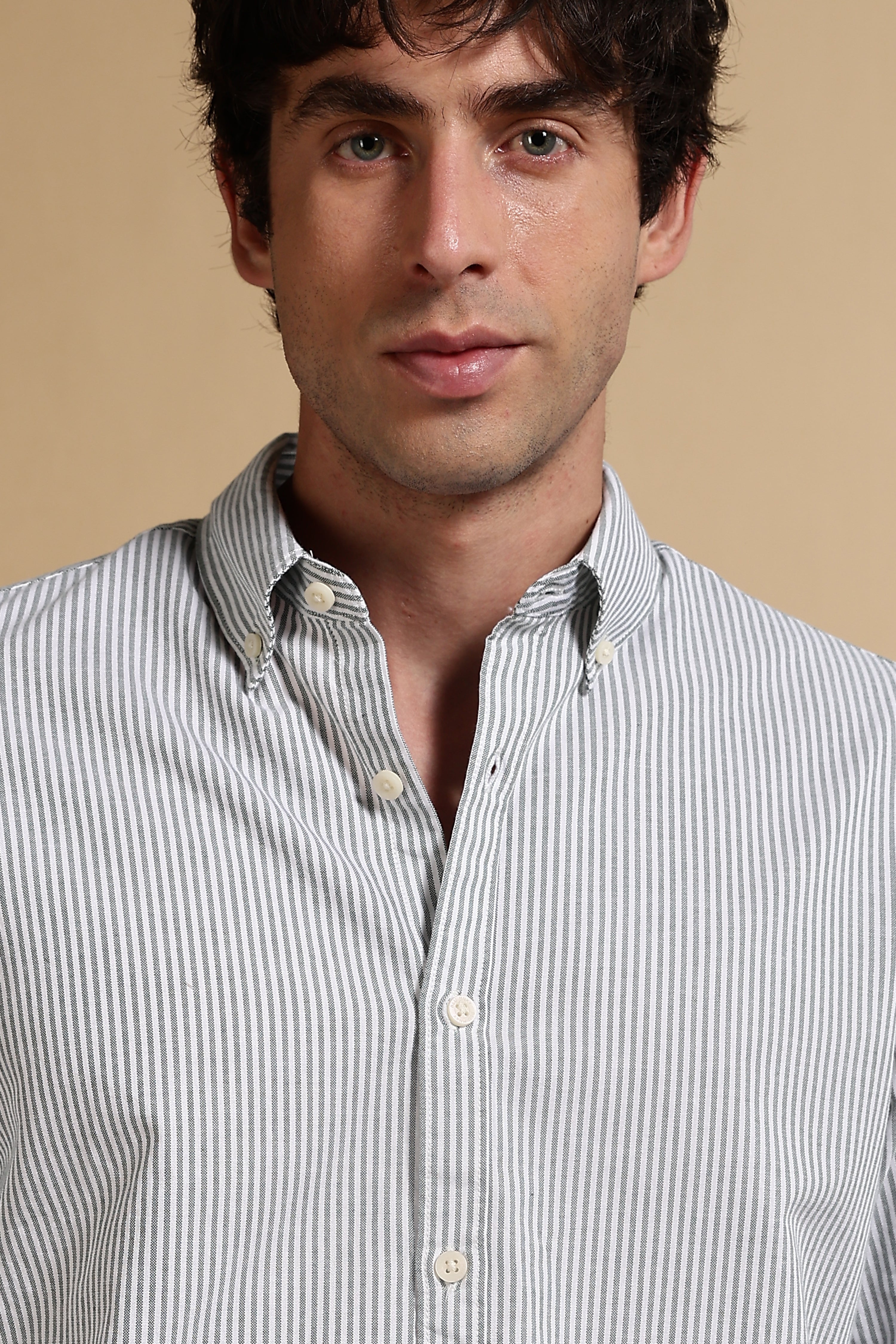Men Green Cotton Oxford Slim Fit Striped Shirt