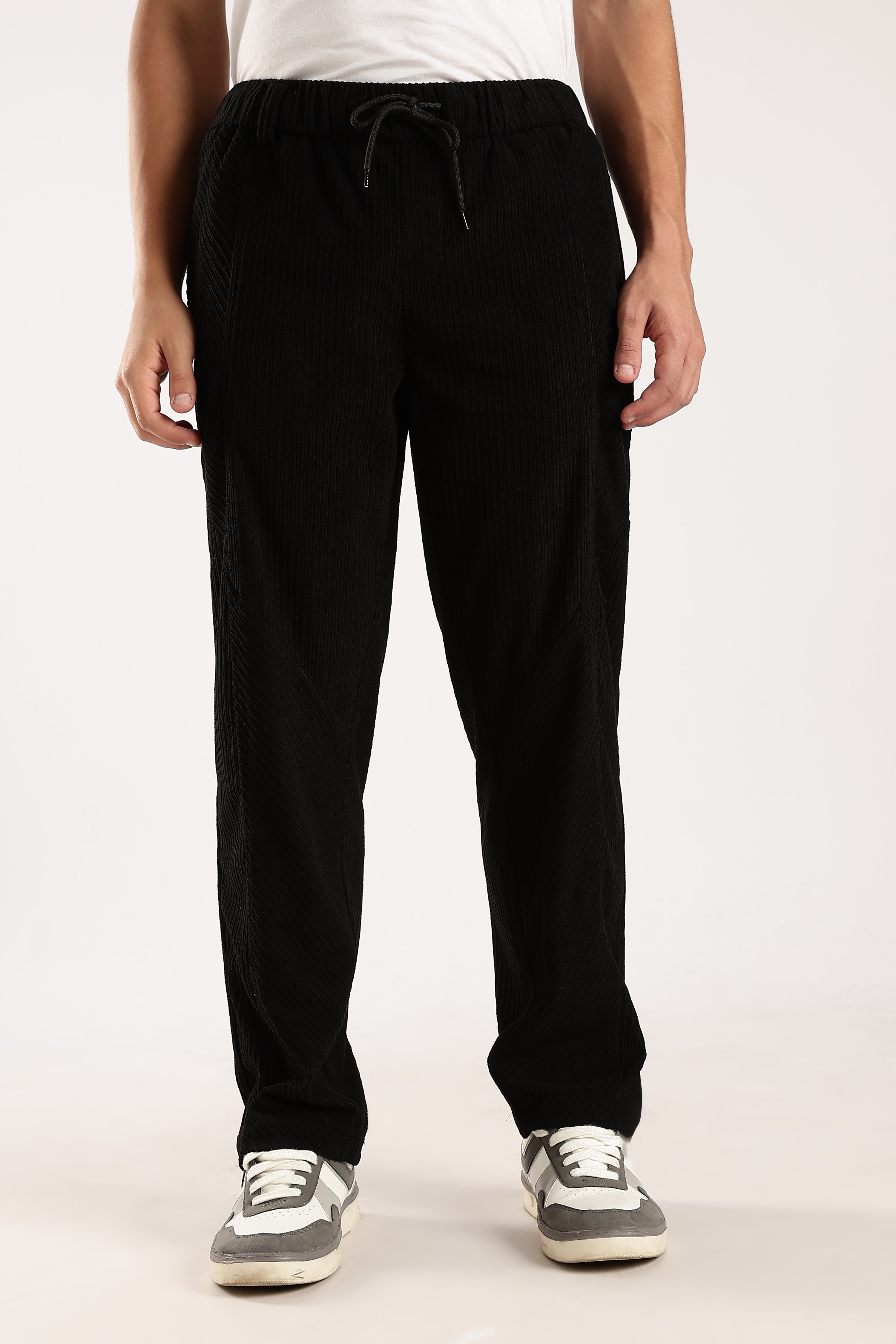 Men Black Textured Drawcord Trousers