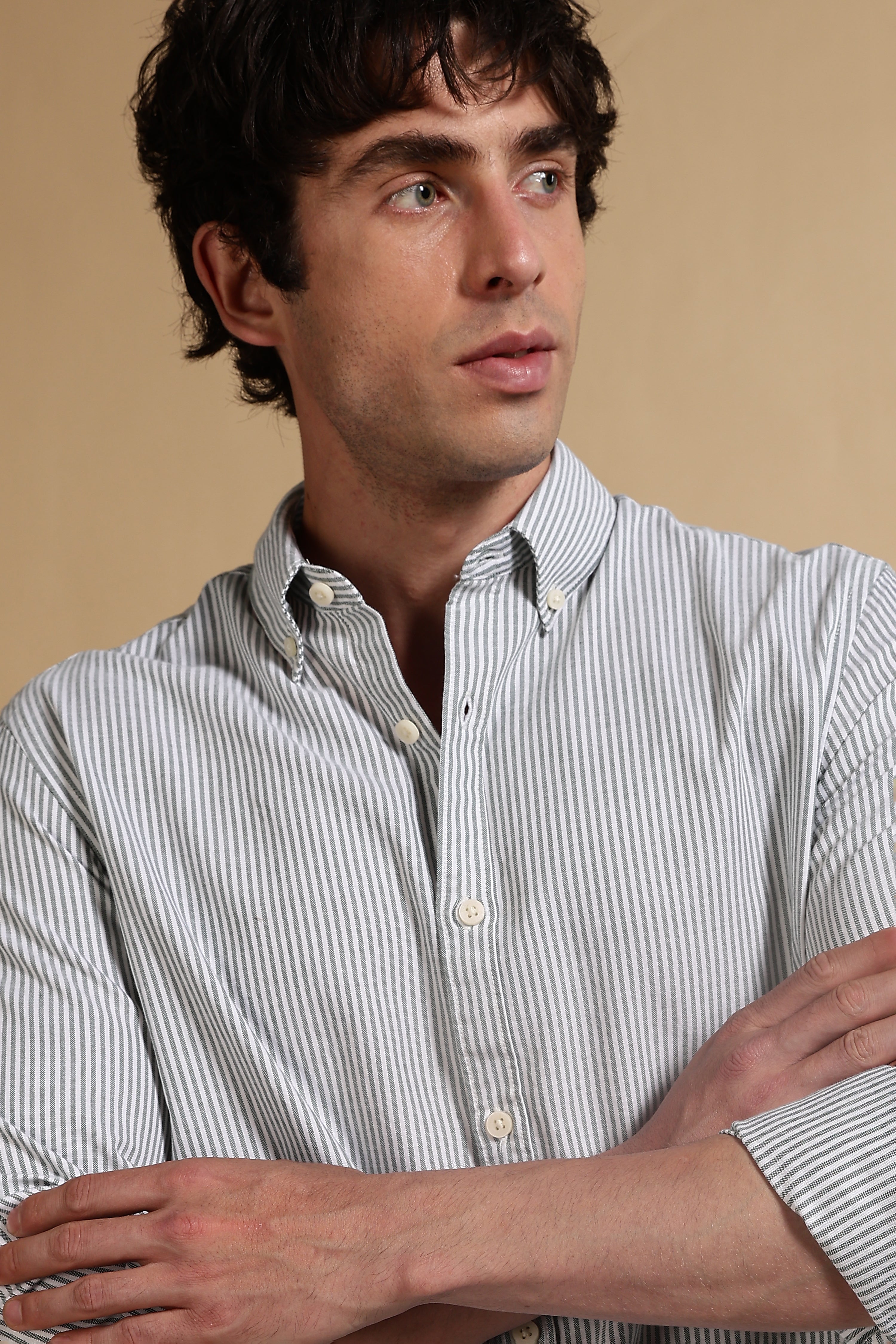 Men Green Cotton Oxford Slim Fit Striped Shirt