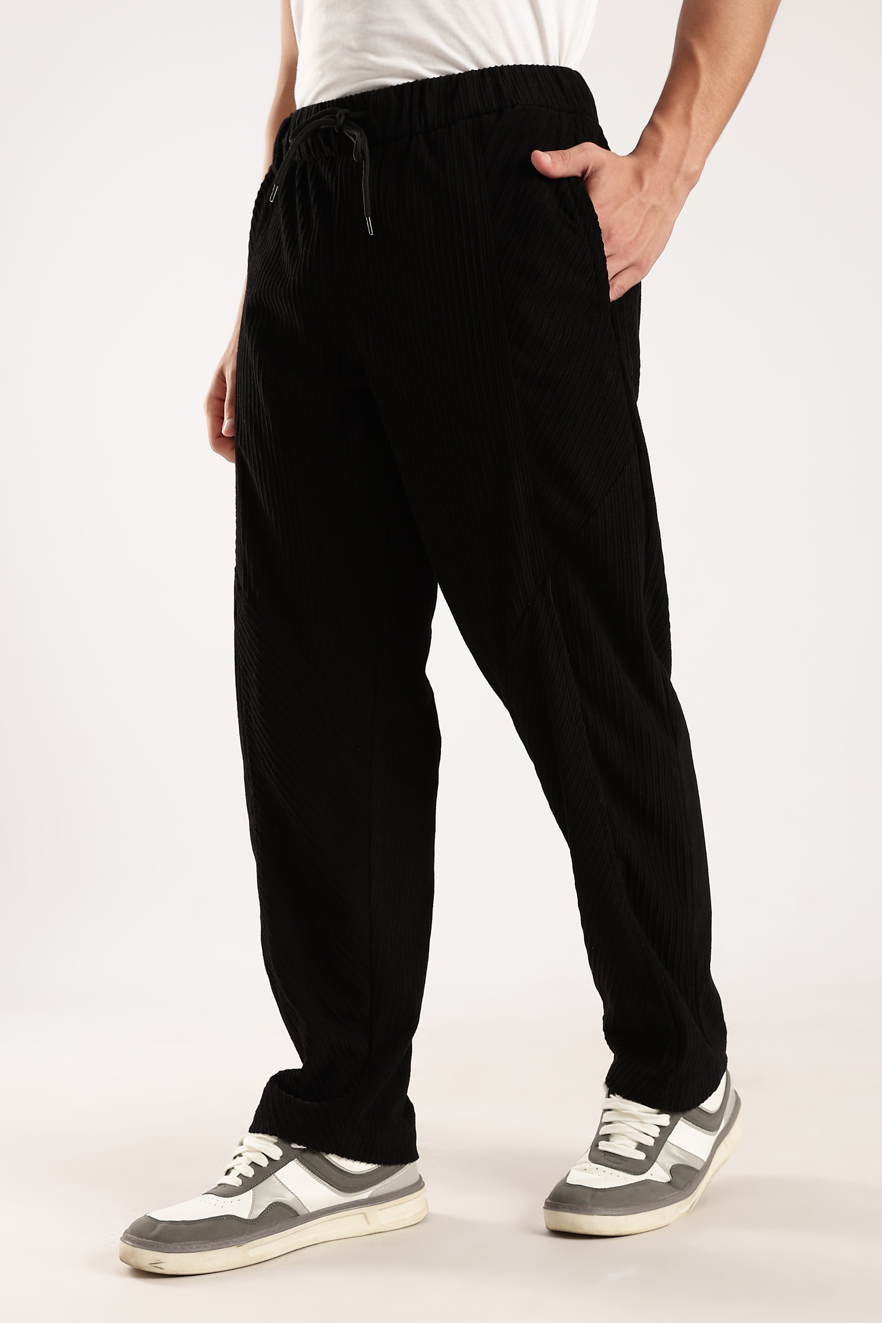Men Black Textured Drawcord Trousers