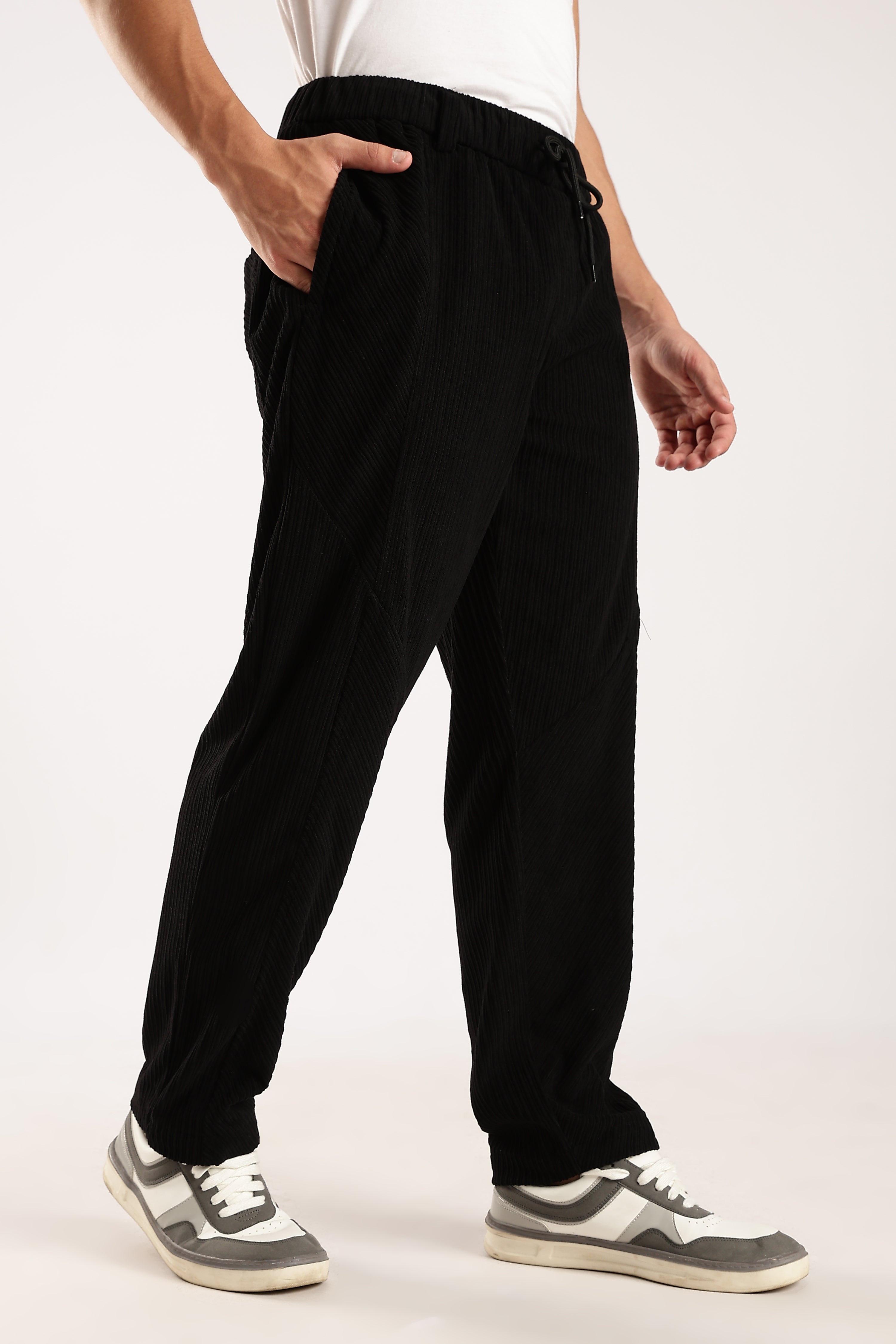 Men Black Textured Drawcord Trousers