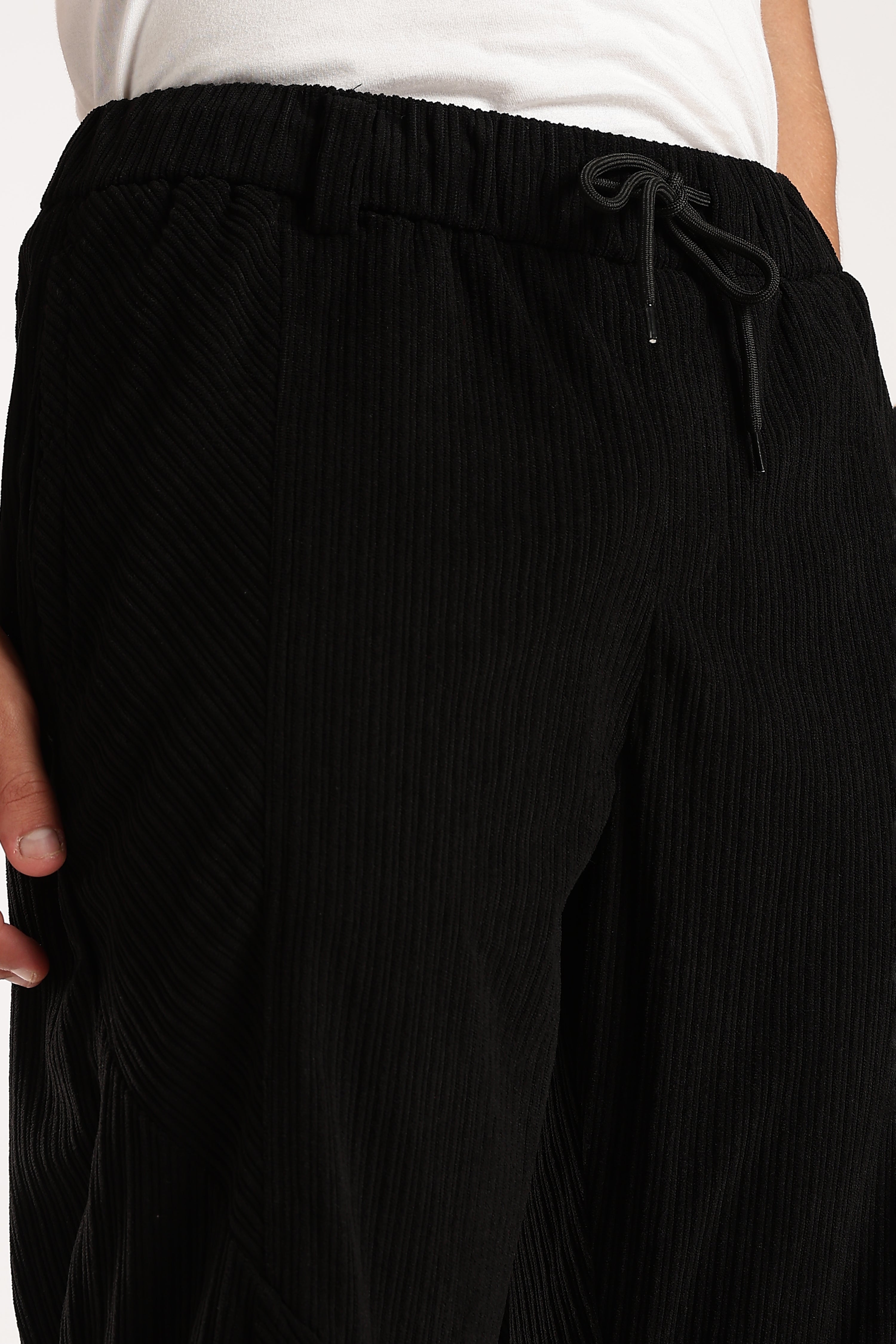 Men Black Textured Drawcord Trousers