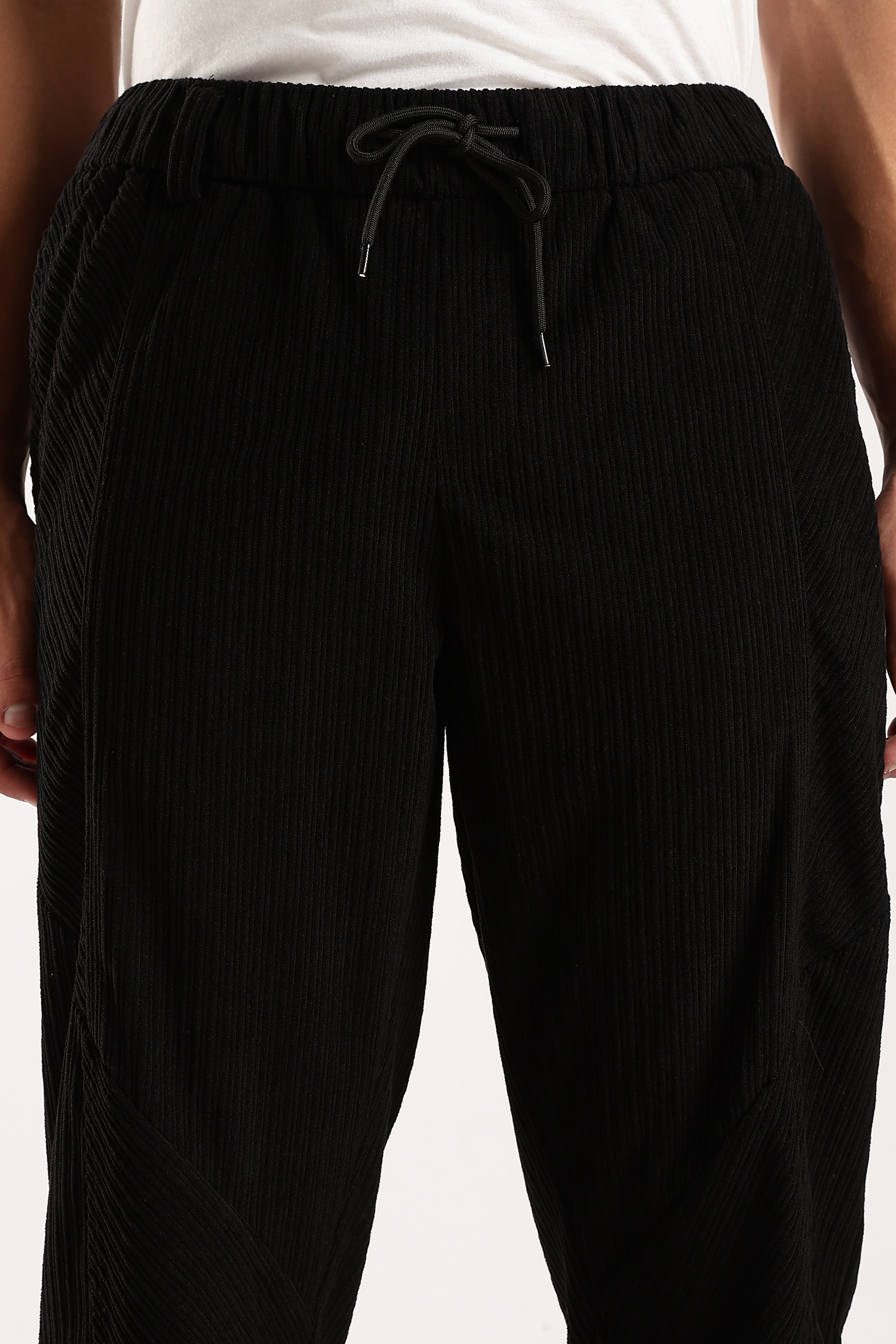 Men Black Textured Drawcord Trousers