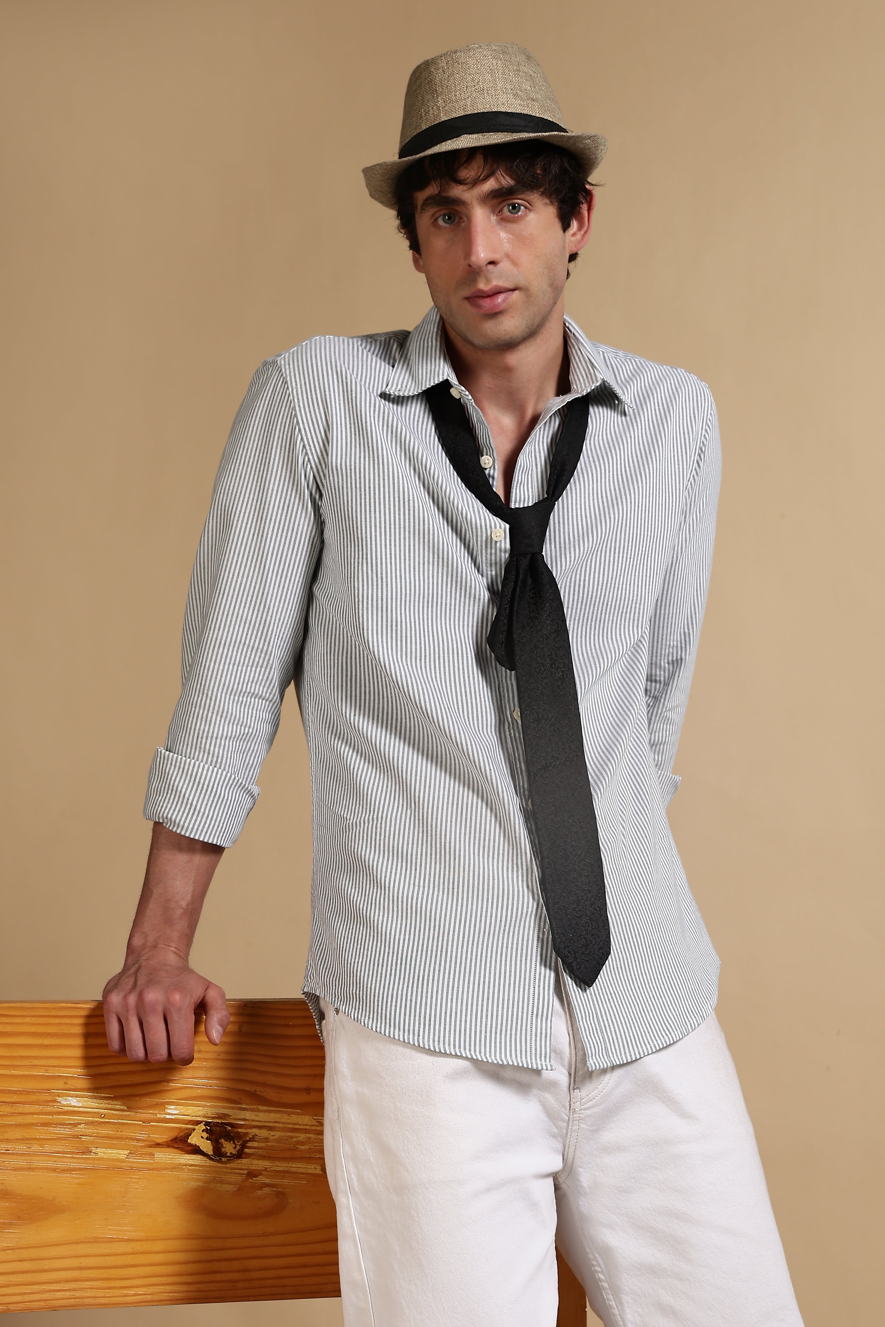 Men Green Cotton Oxford Slim Fit Striped Shirt