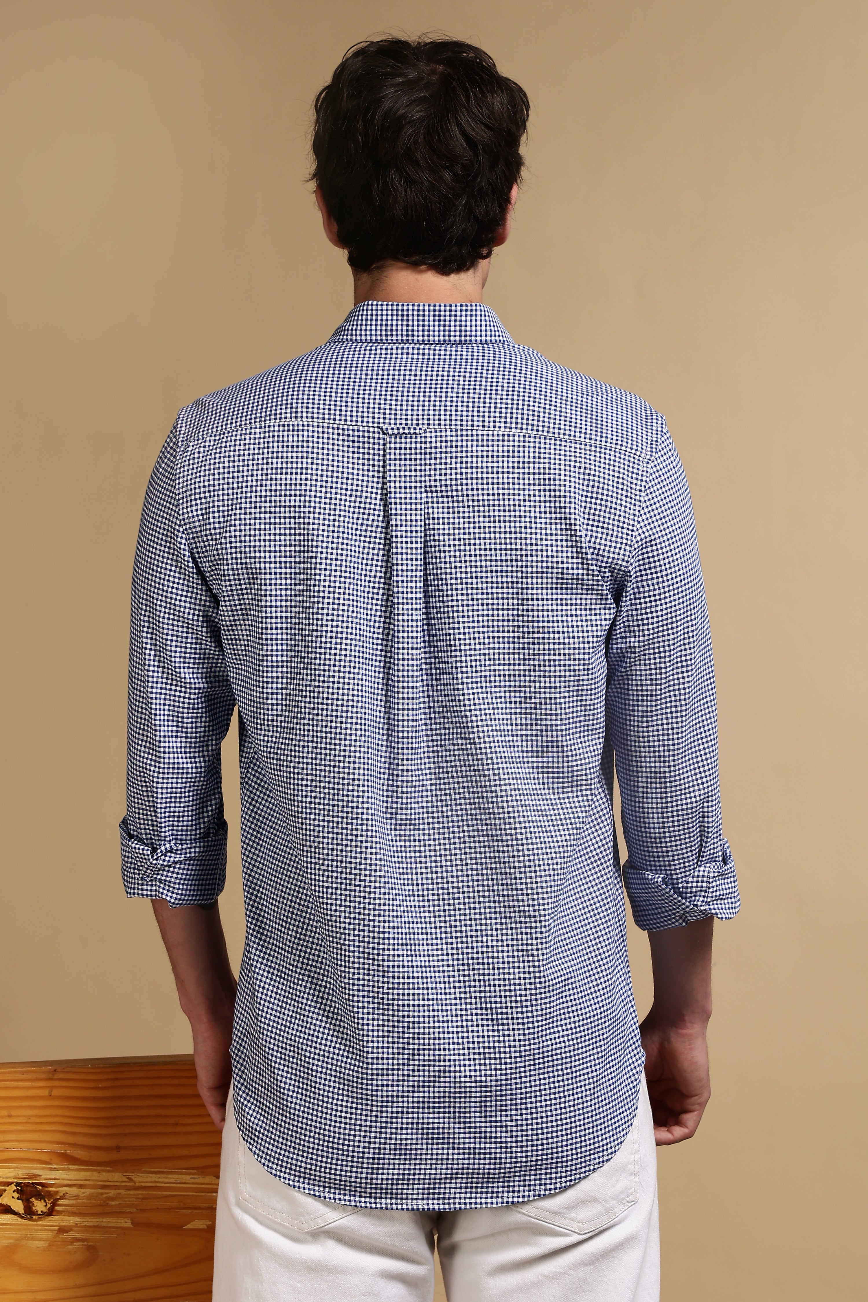 Men Navy Blue Cotton Oxford Slim Fit Mini Checks Shirt