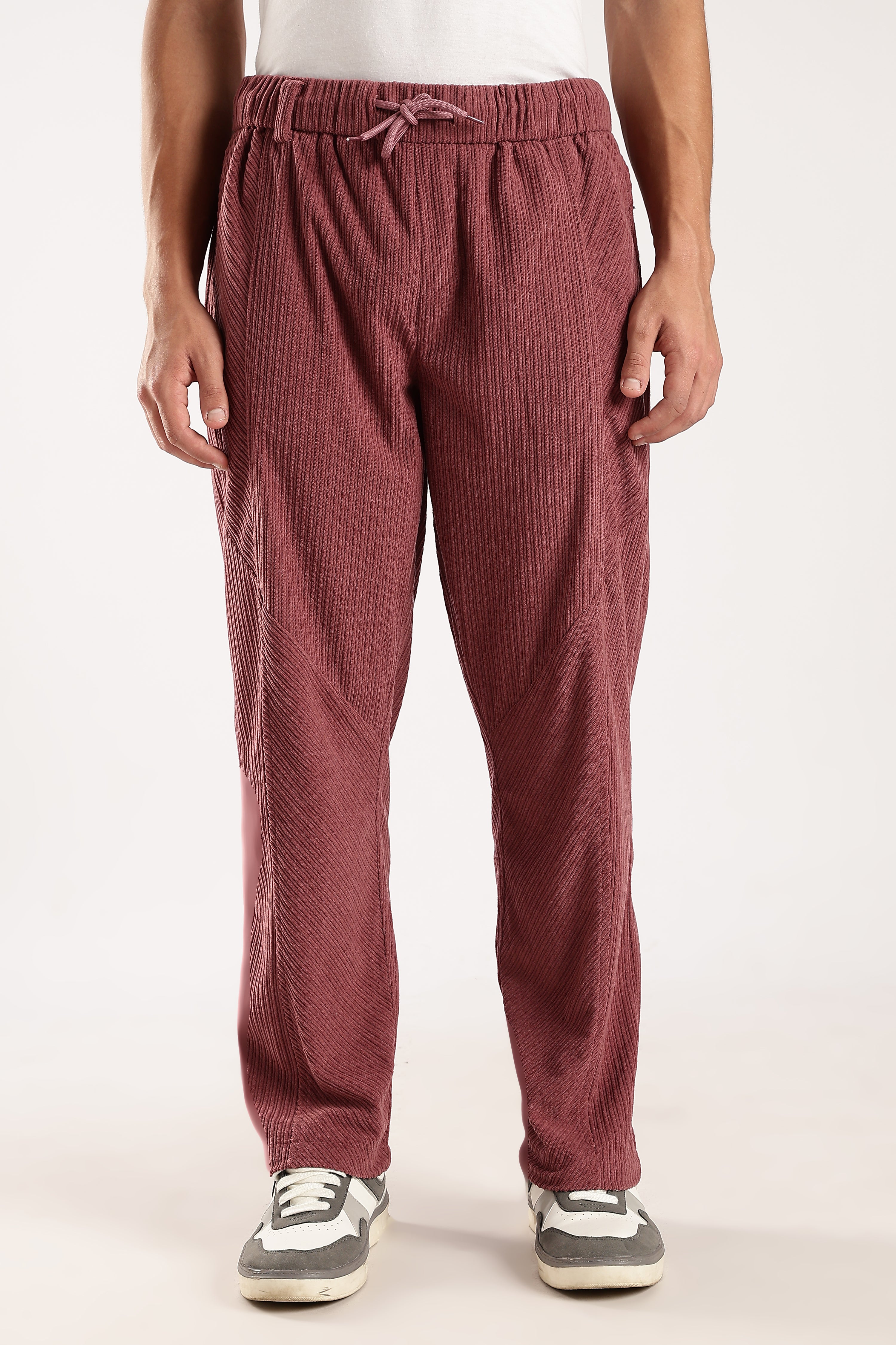Men Burgundy Textured Drawcord Trousers