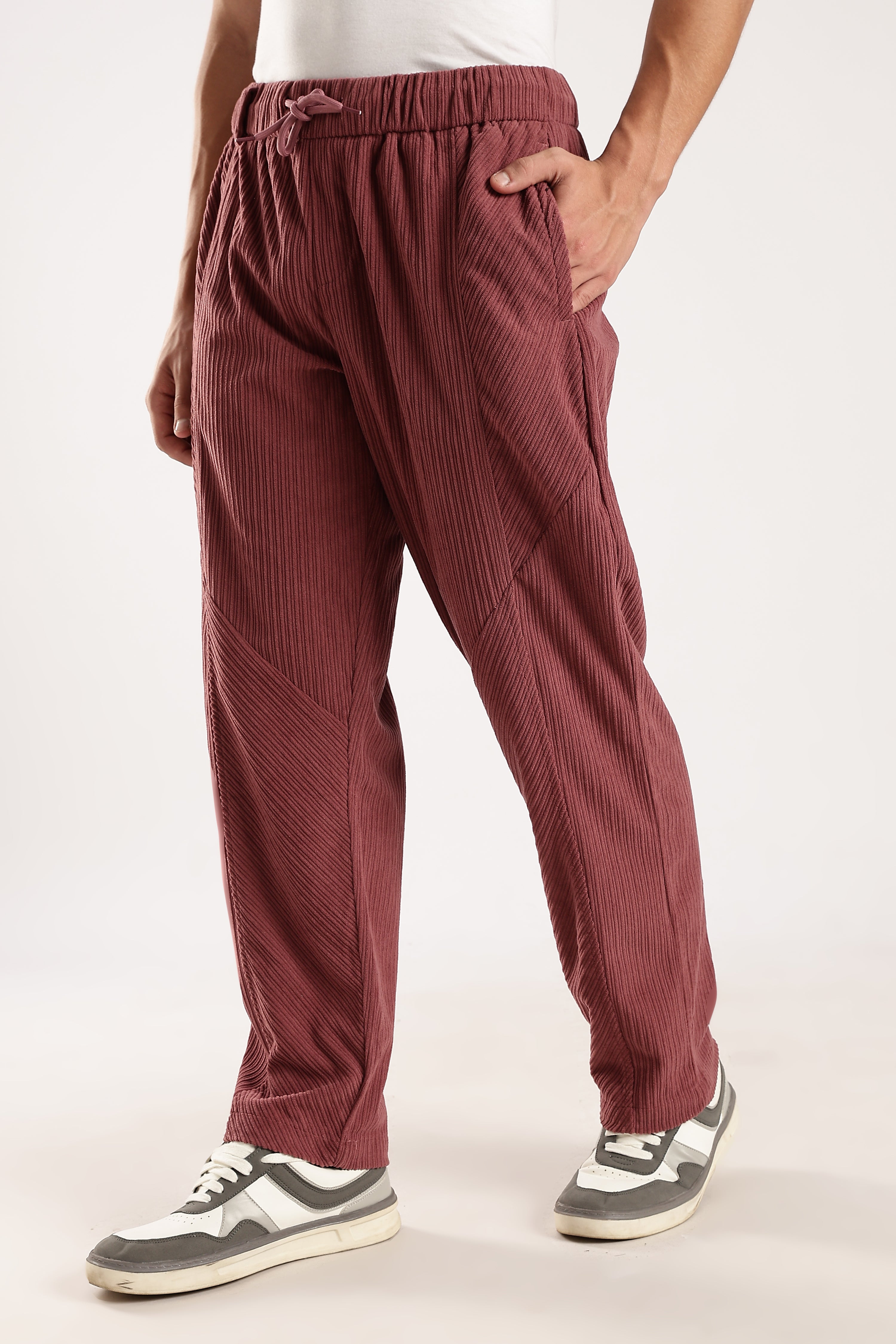 Men Burgundy Textured Drawcord Trousers