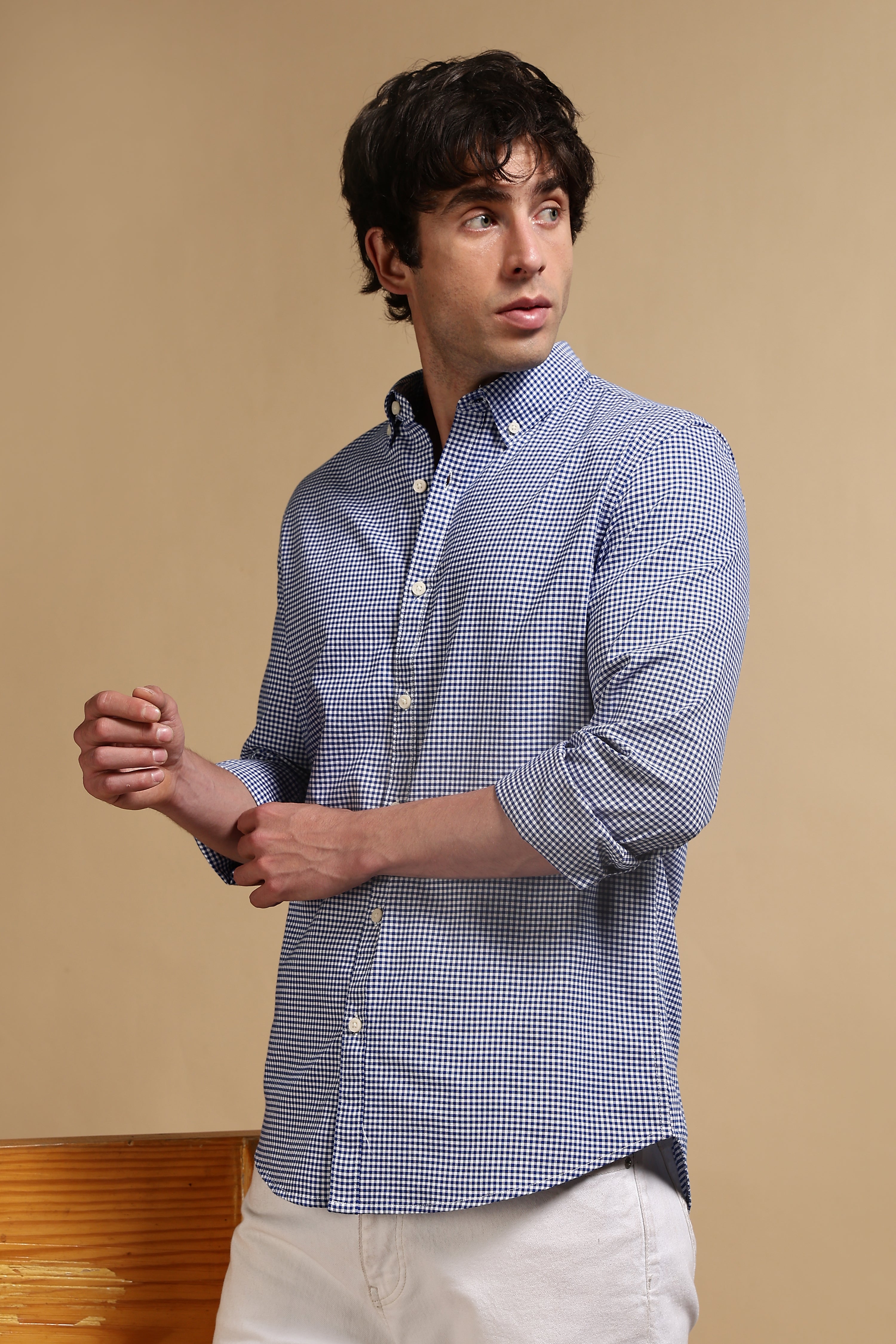 Men Navy Blue Cotton Oxford Slim Fit Mini Checks Shirt