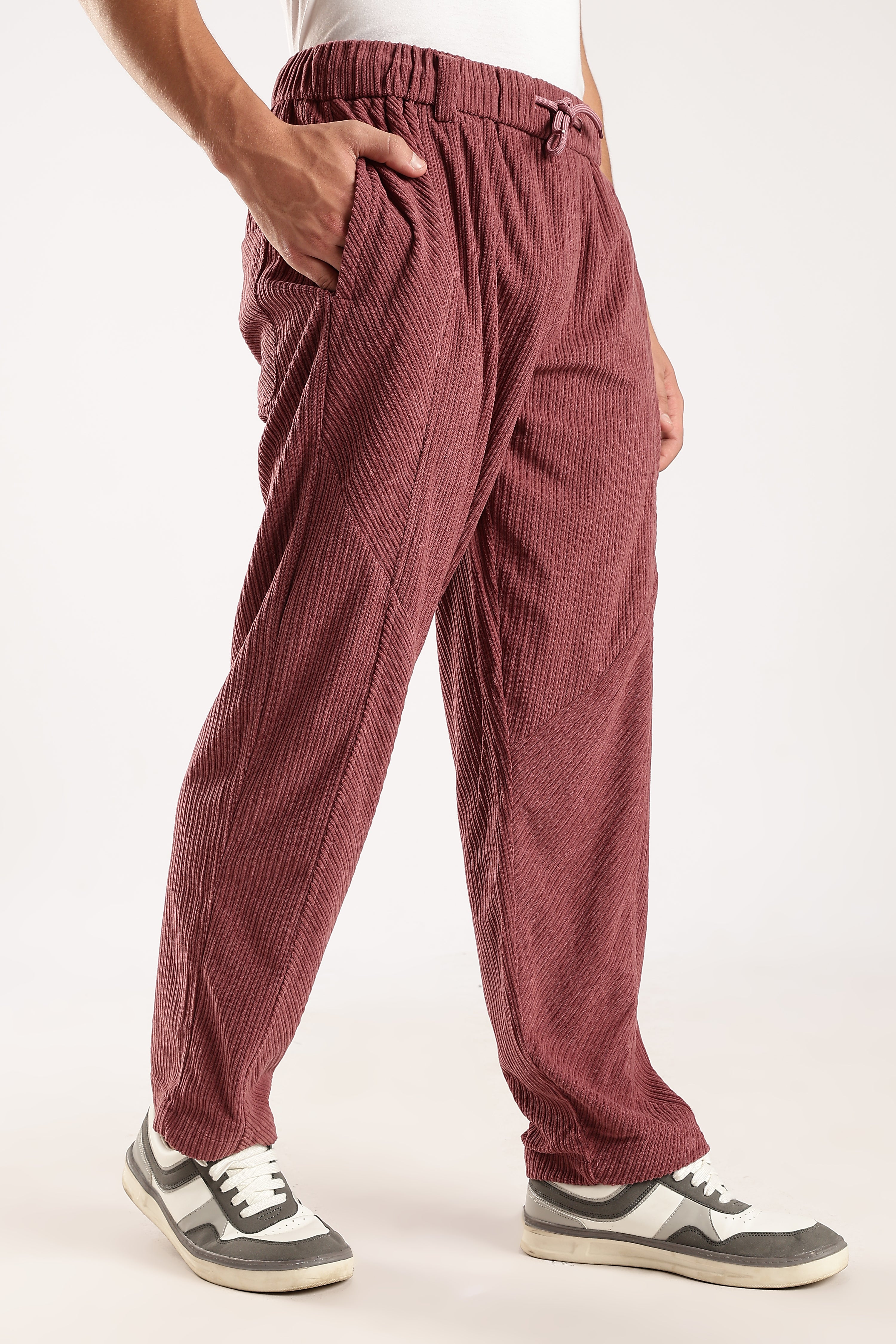 Men Burgundy Textured Drawcord Trousers