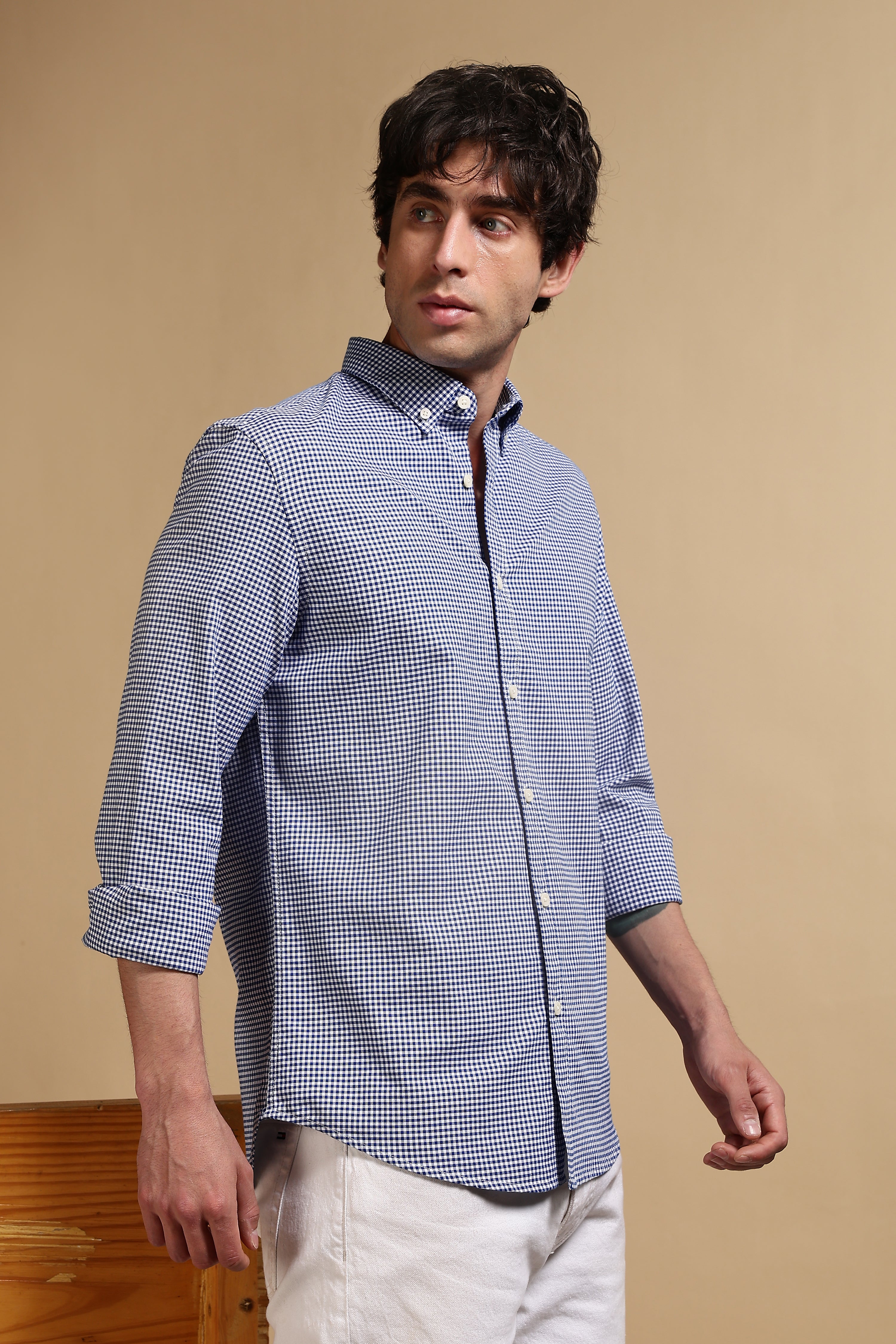 Men Navy Blue Cotton Oxford Slim Fit Mini Checks Shirt