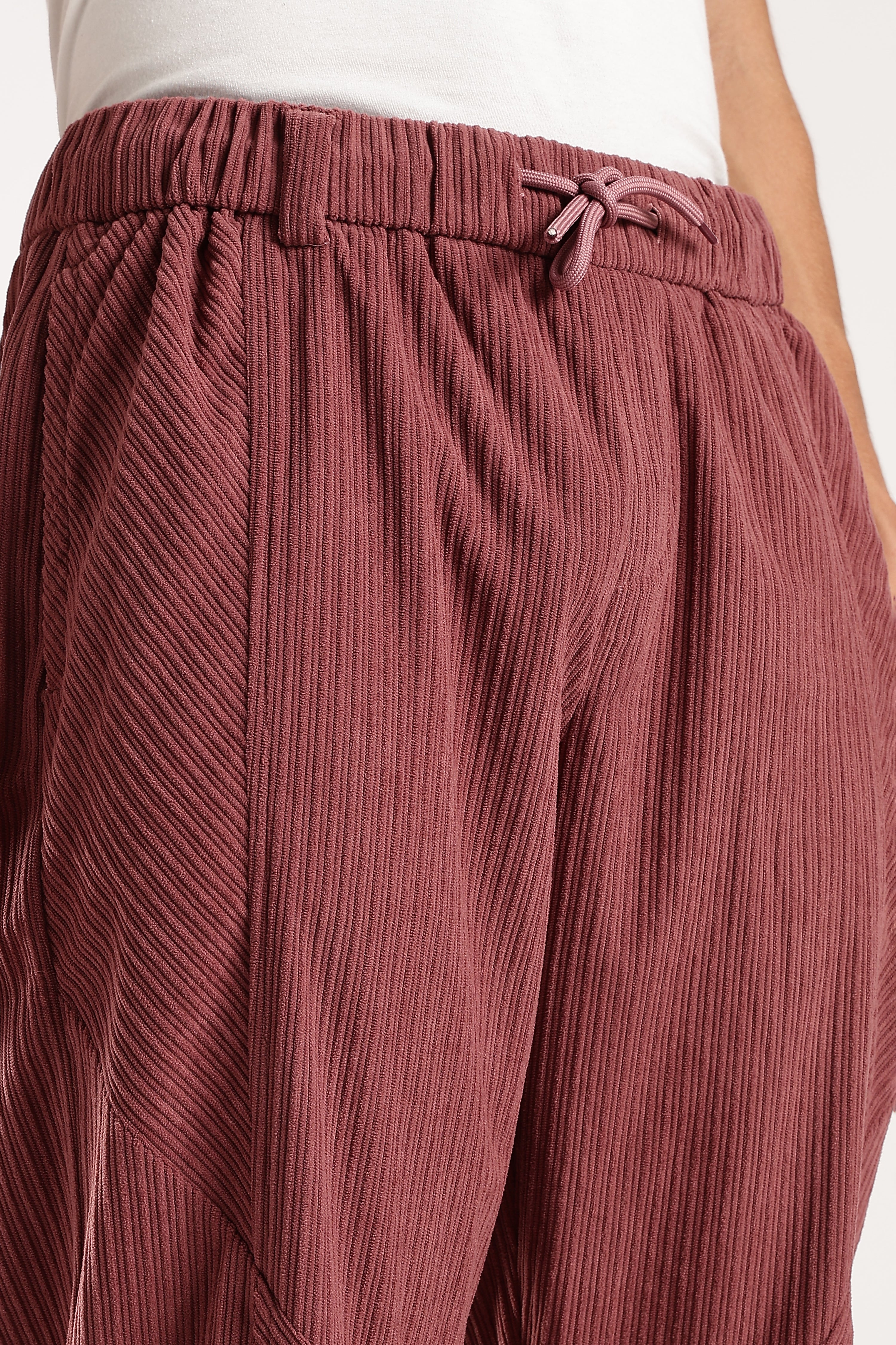 Men Burgundy Textured Drawcord Trousers