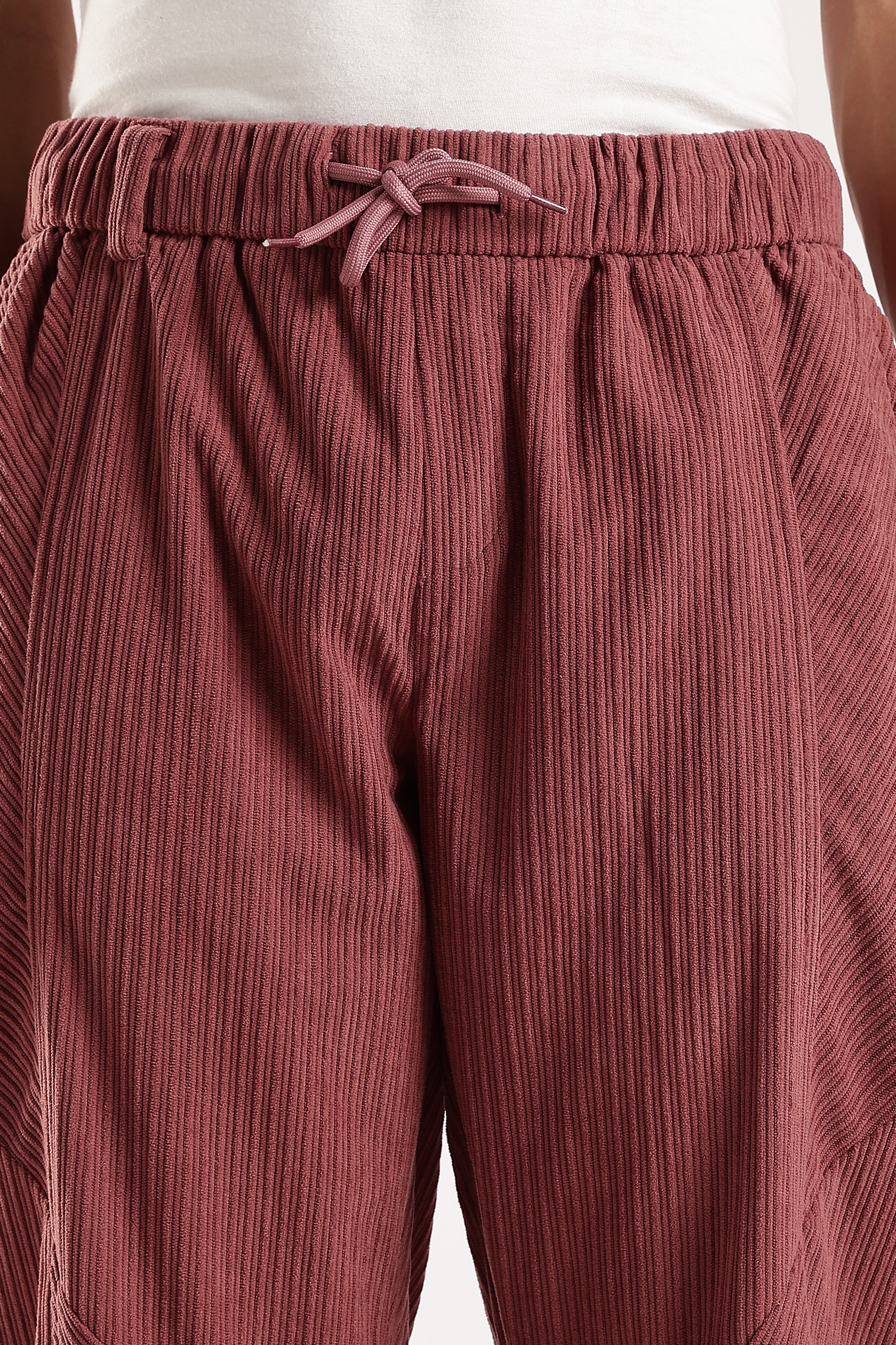 Men Burgundy Textured Drawcord Trousers
