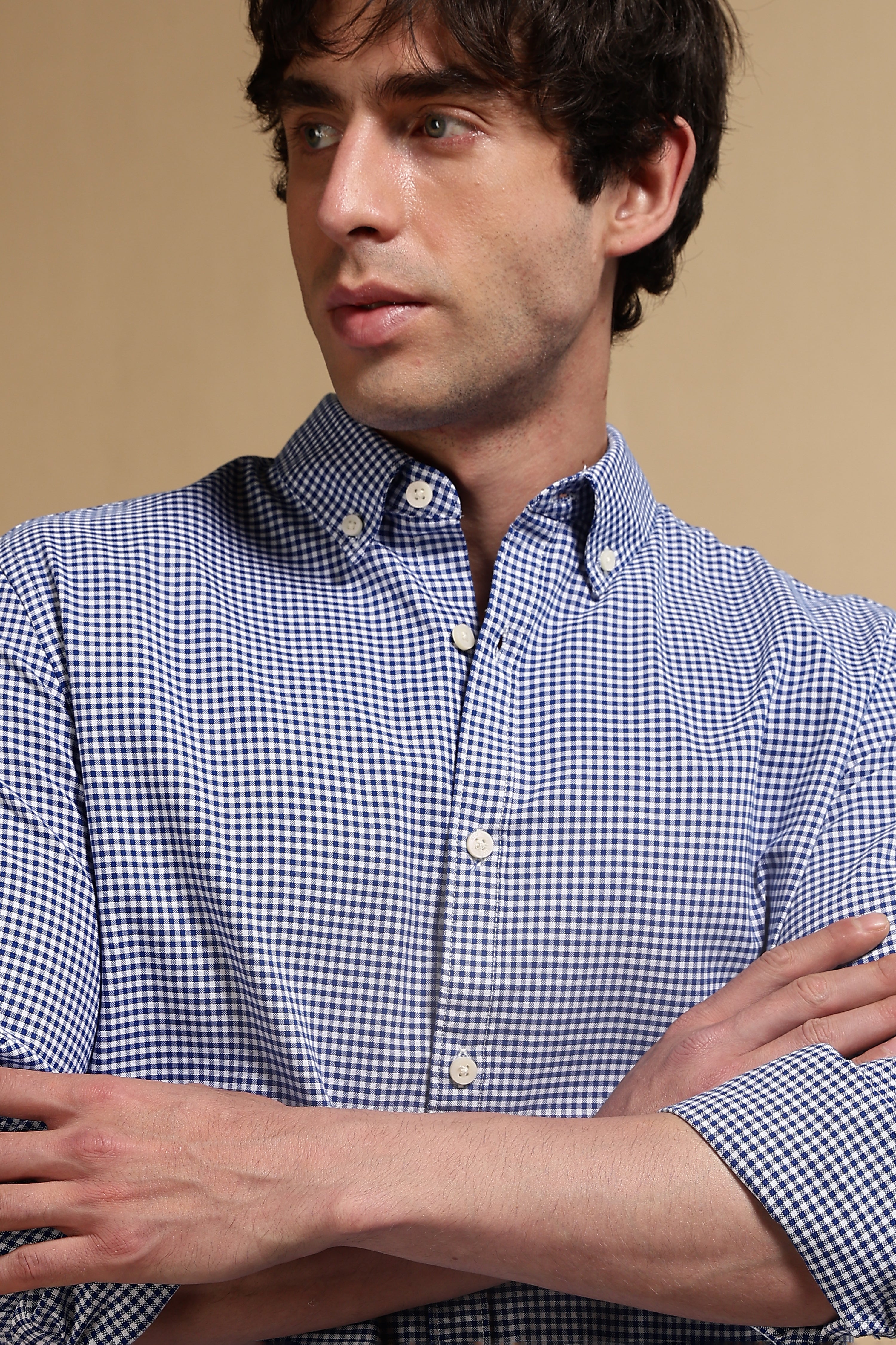 Men Navy Blue Cotton Oxford Slim Fit Mini Checks Shirt
