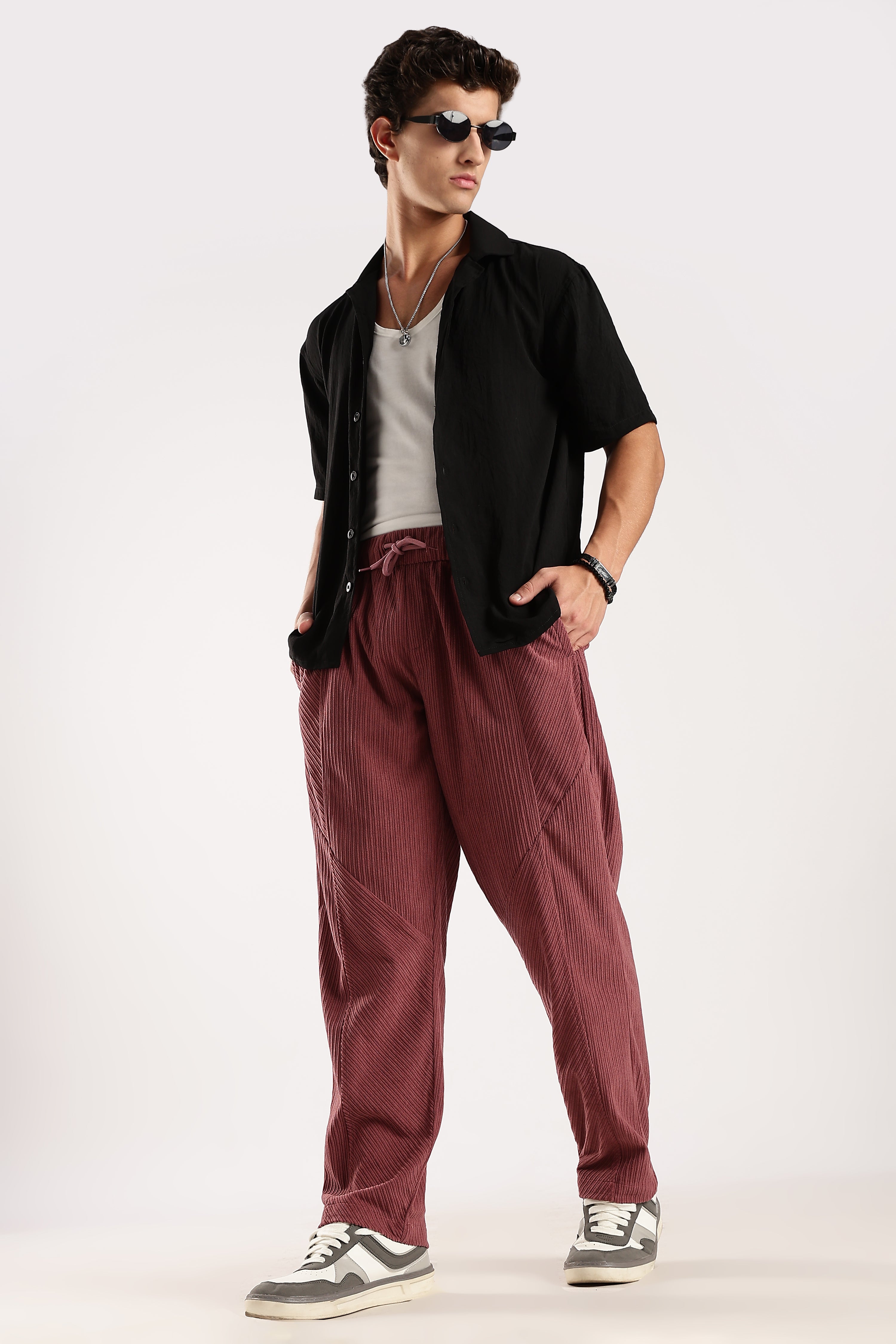 Men Burgundy Textured Drawcord Trousers