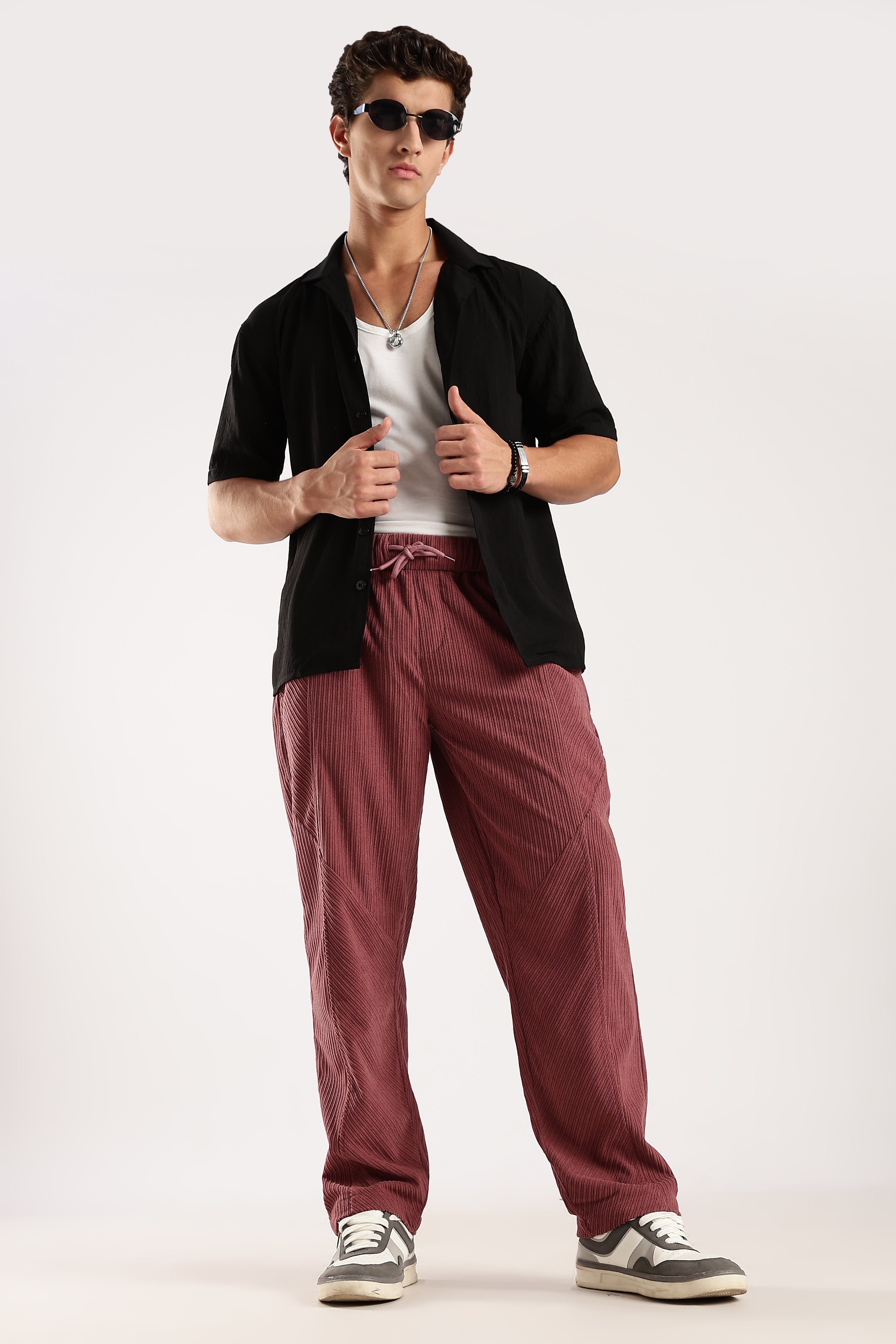 Men Burgundy Textured Drawcord Trousers