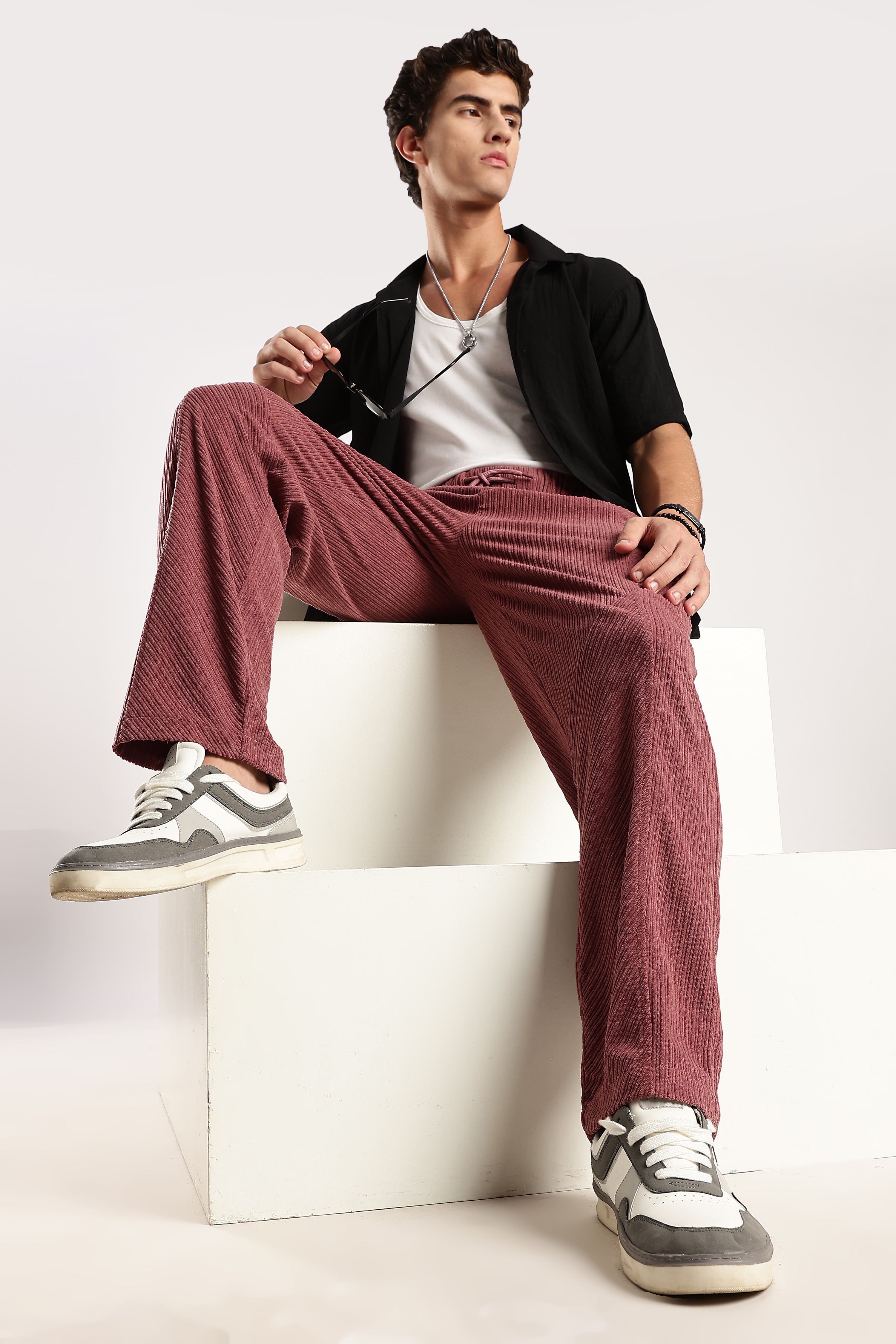 Men Burgundy Textured Drawcord Trousers