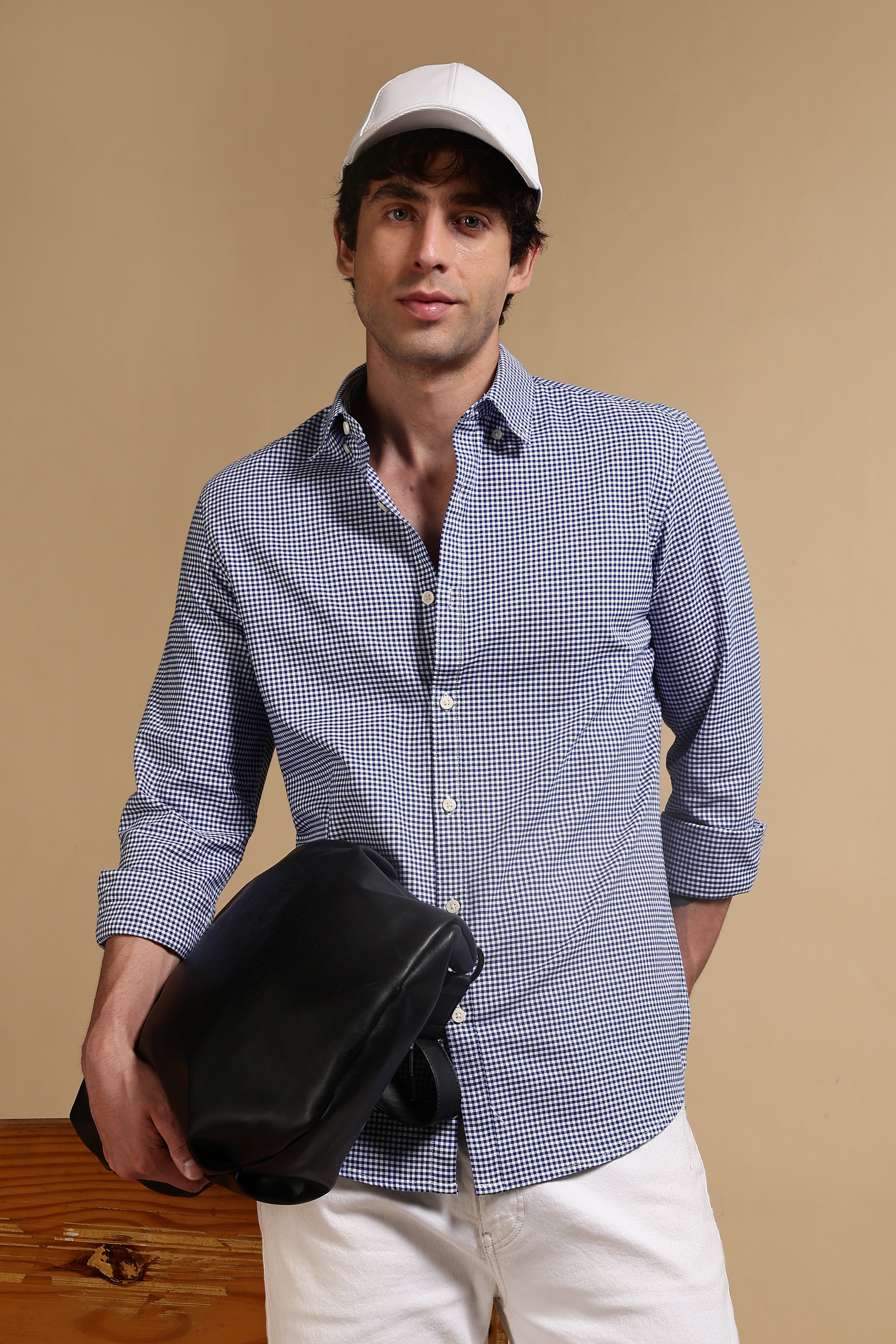 Men Navy Blue Cotton Oxford Slim Fit Mini Checks Shirt