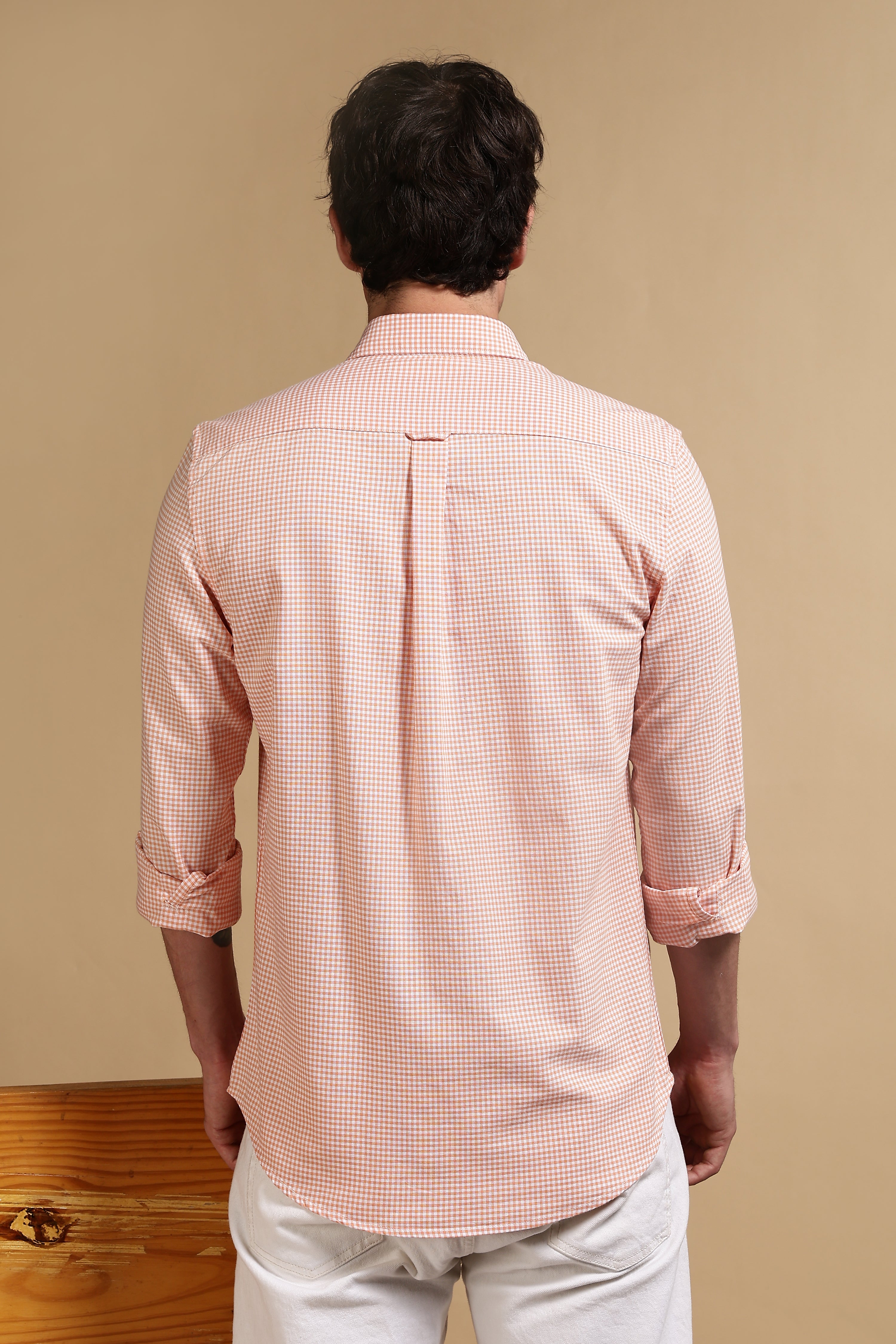 Men Orange Cotton Oxford Slim Fit Mini Checks Shirt