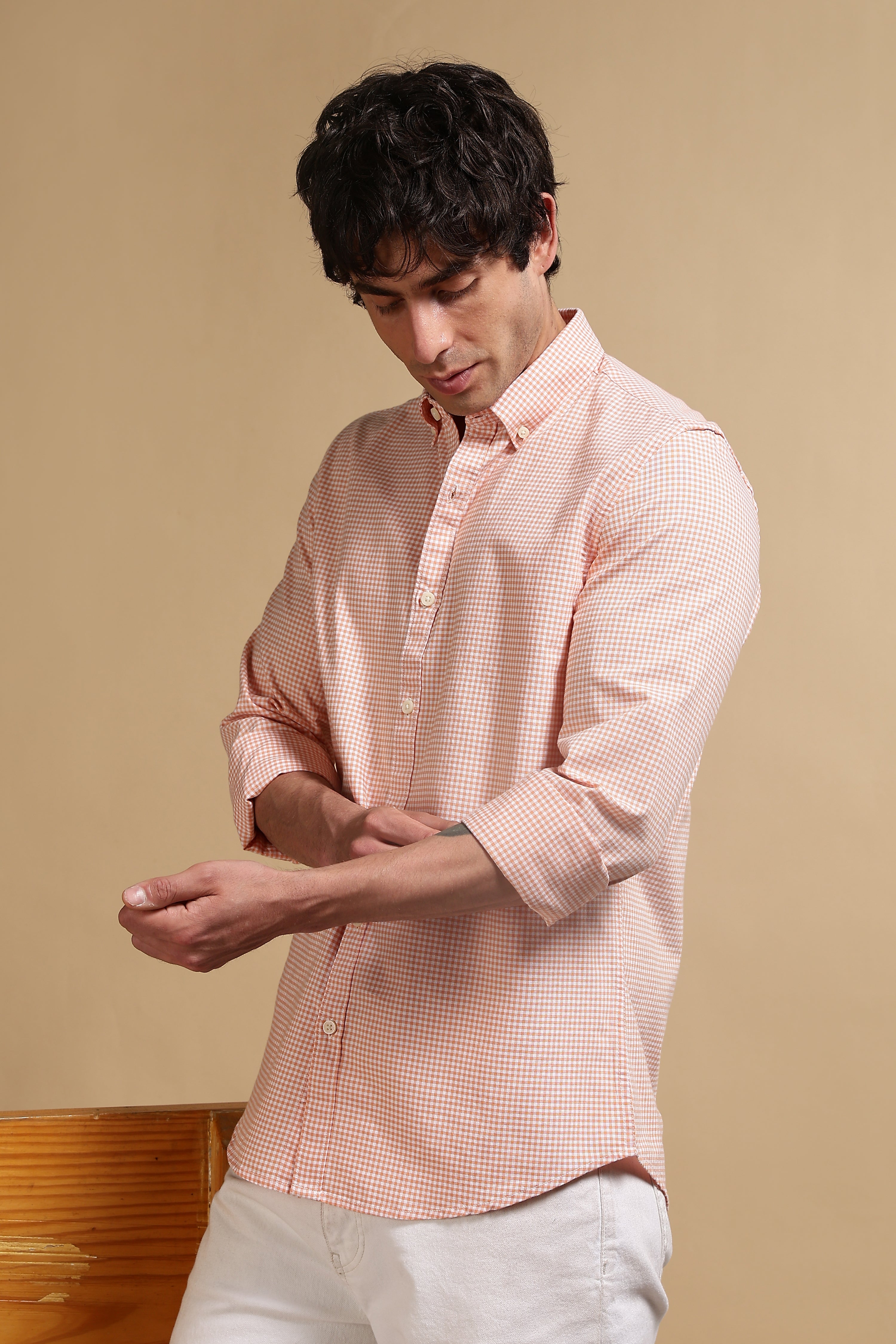 Men Orange Cotton Oxford Slim Fit Mini Checks Shirt