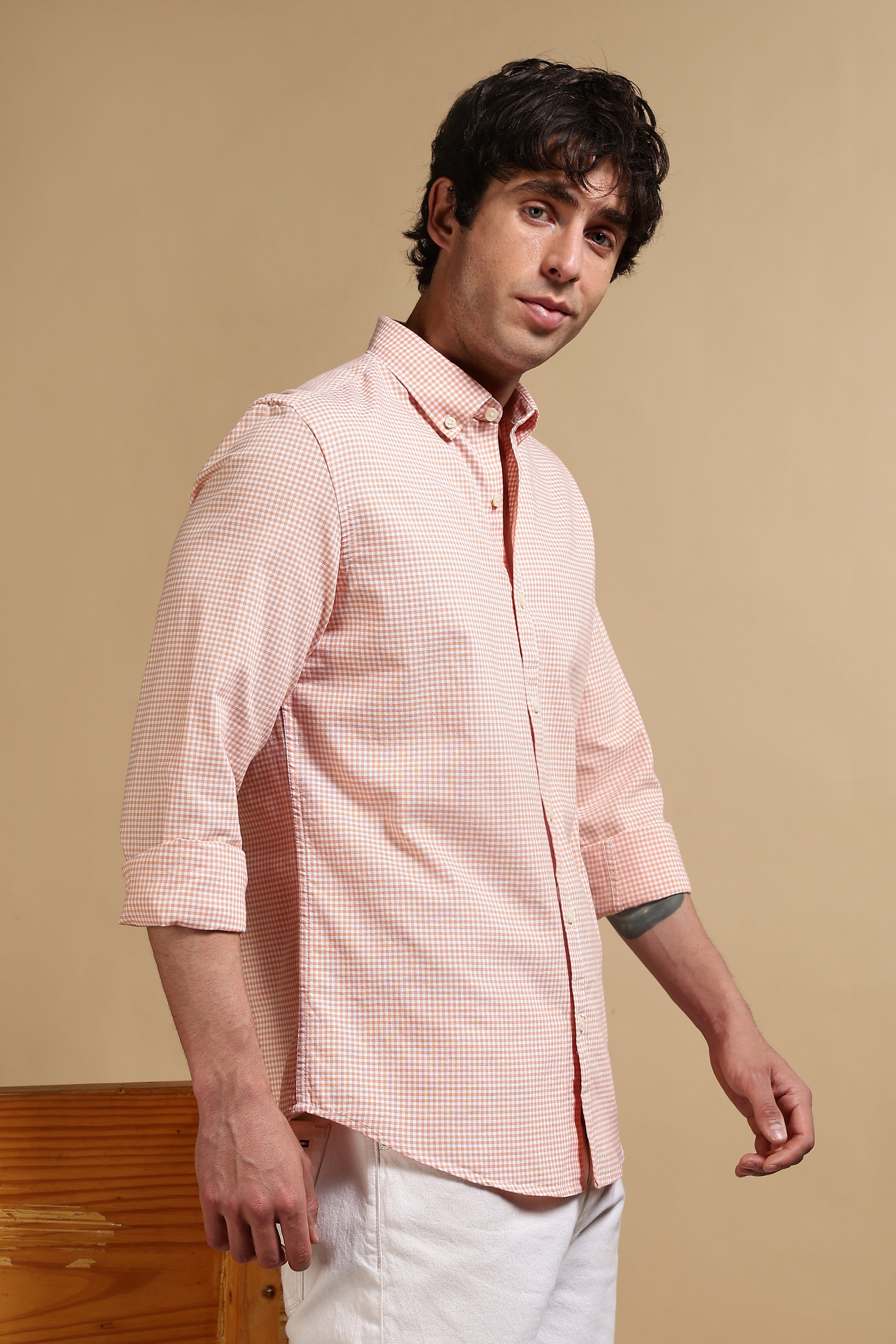 Men Orange Cotton Oxford Slim Fit Mini Checks Shirt