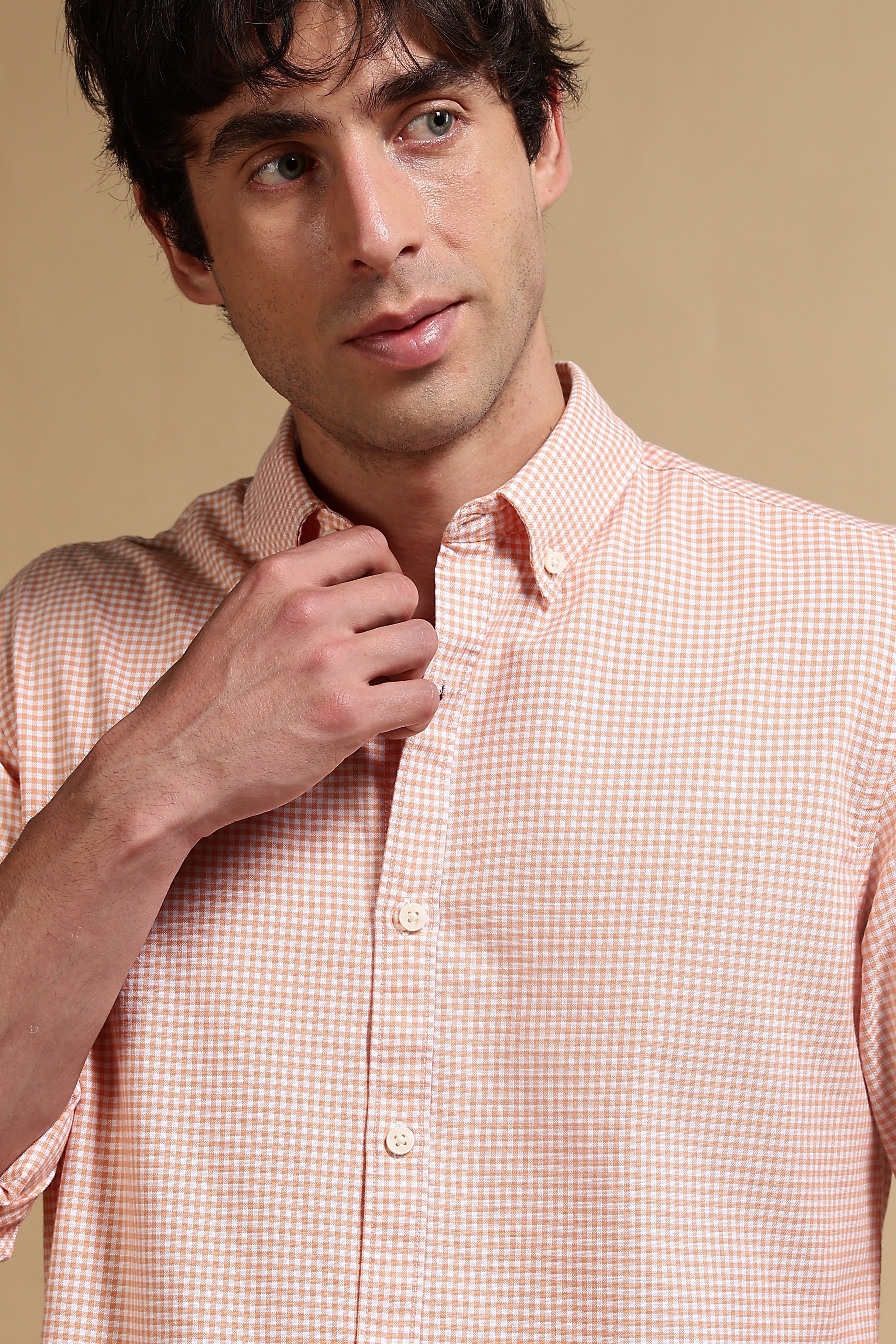 Men Orange Cotton Oxford Slim Fit Mini Checks Shirt