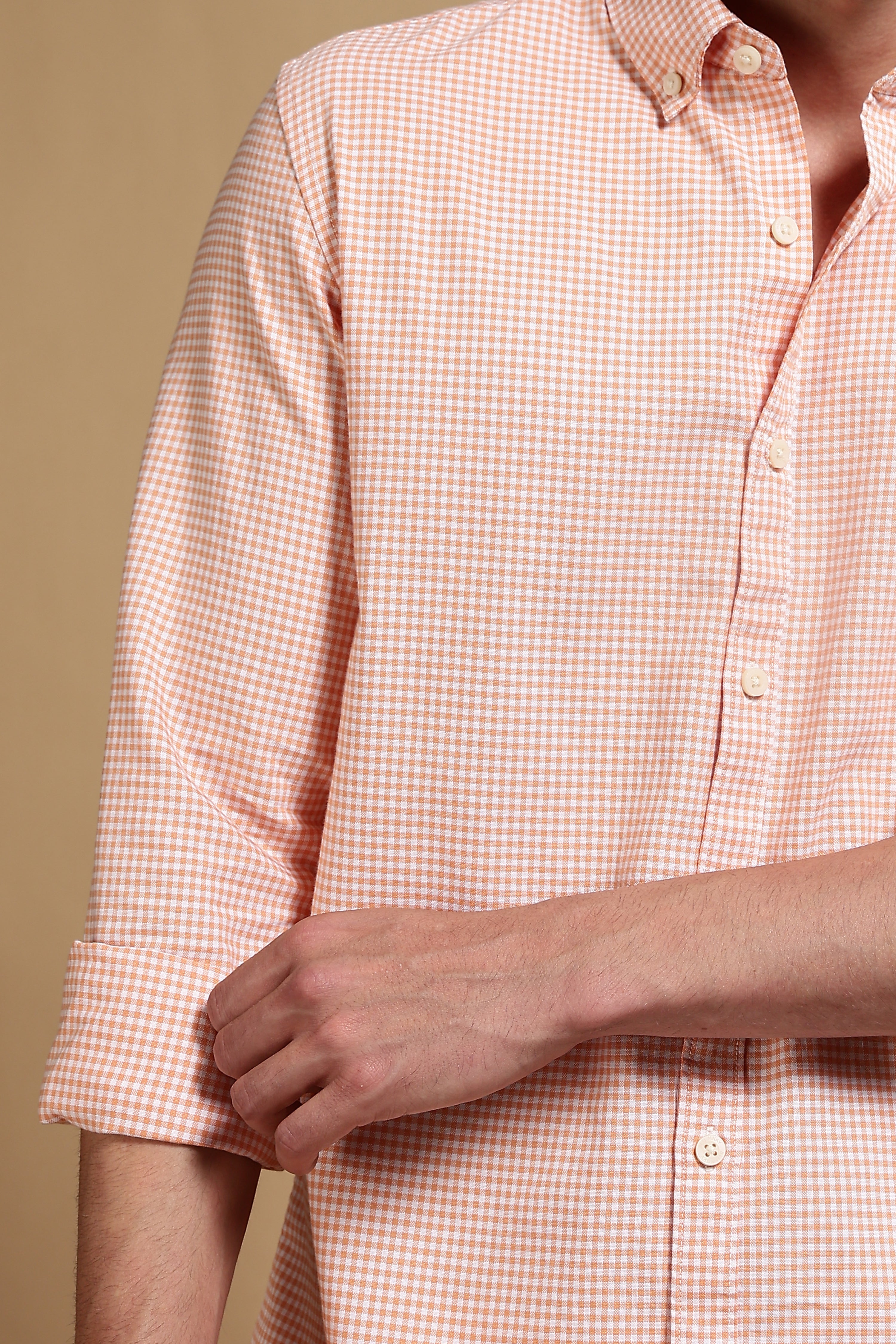 Men Orange Cotton Oxford Slim Fit Mini Checks Shirt