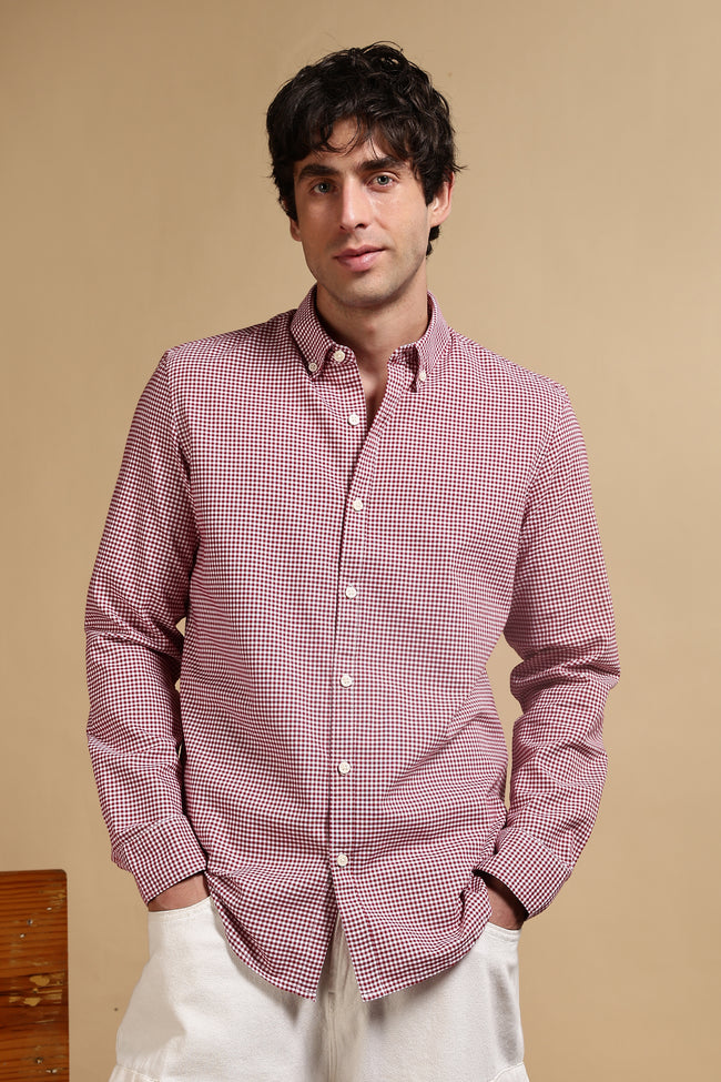 Men Red Cotton Oxford Slim Fit Mini Checks Shirt