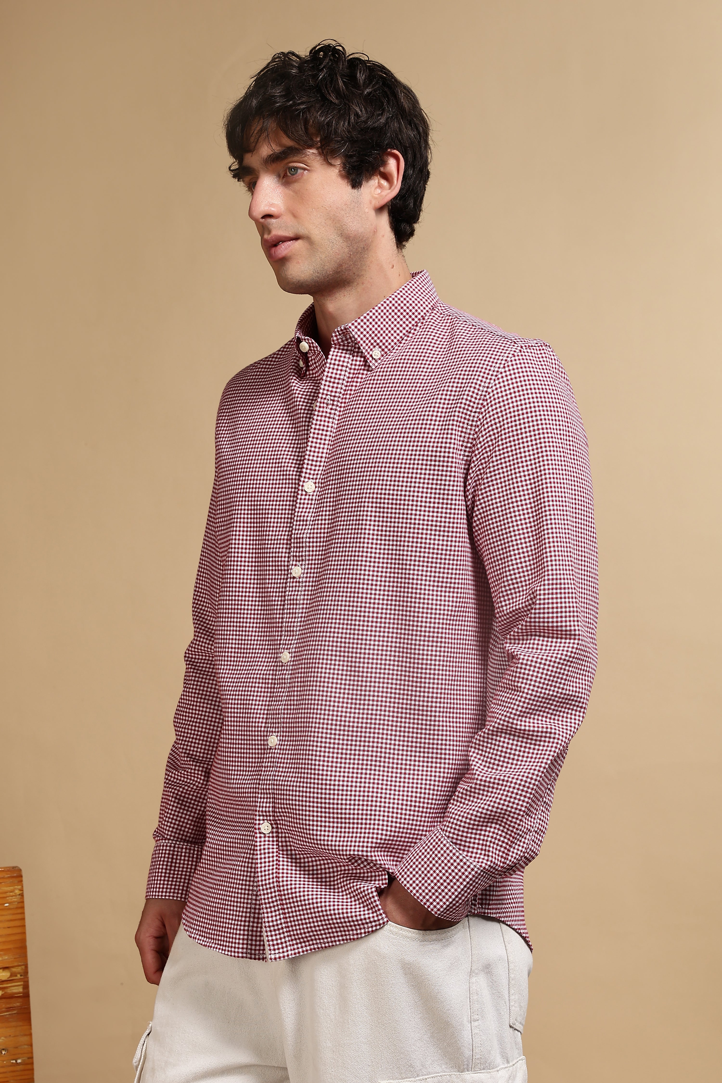 Men Red Cotton Oxford Slim Fit Mini Checks Shirt