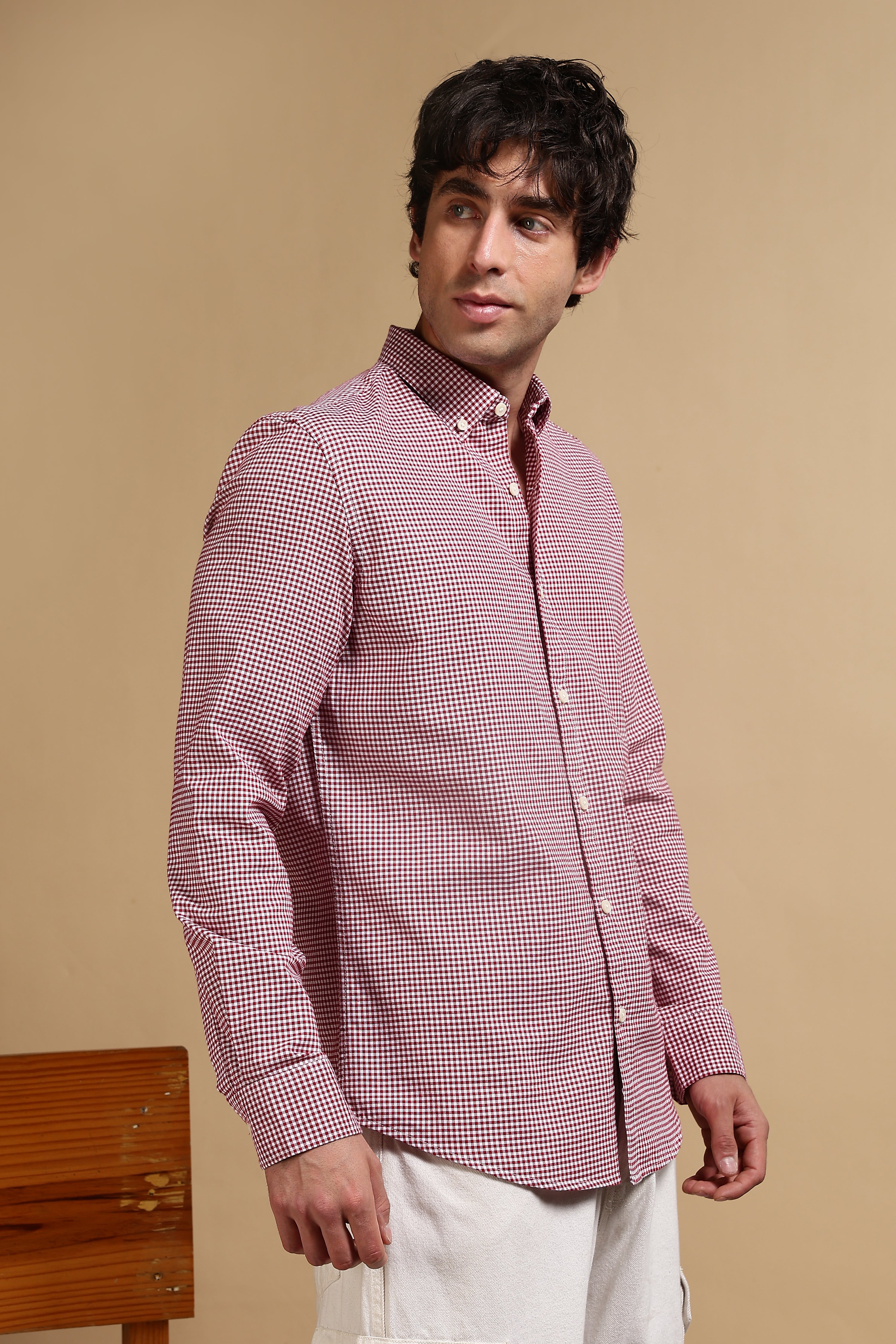 Men Red Cotton Oxford Slim Fit Mini Checks Shirt