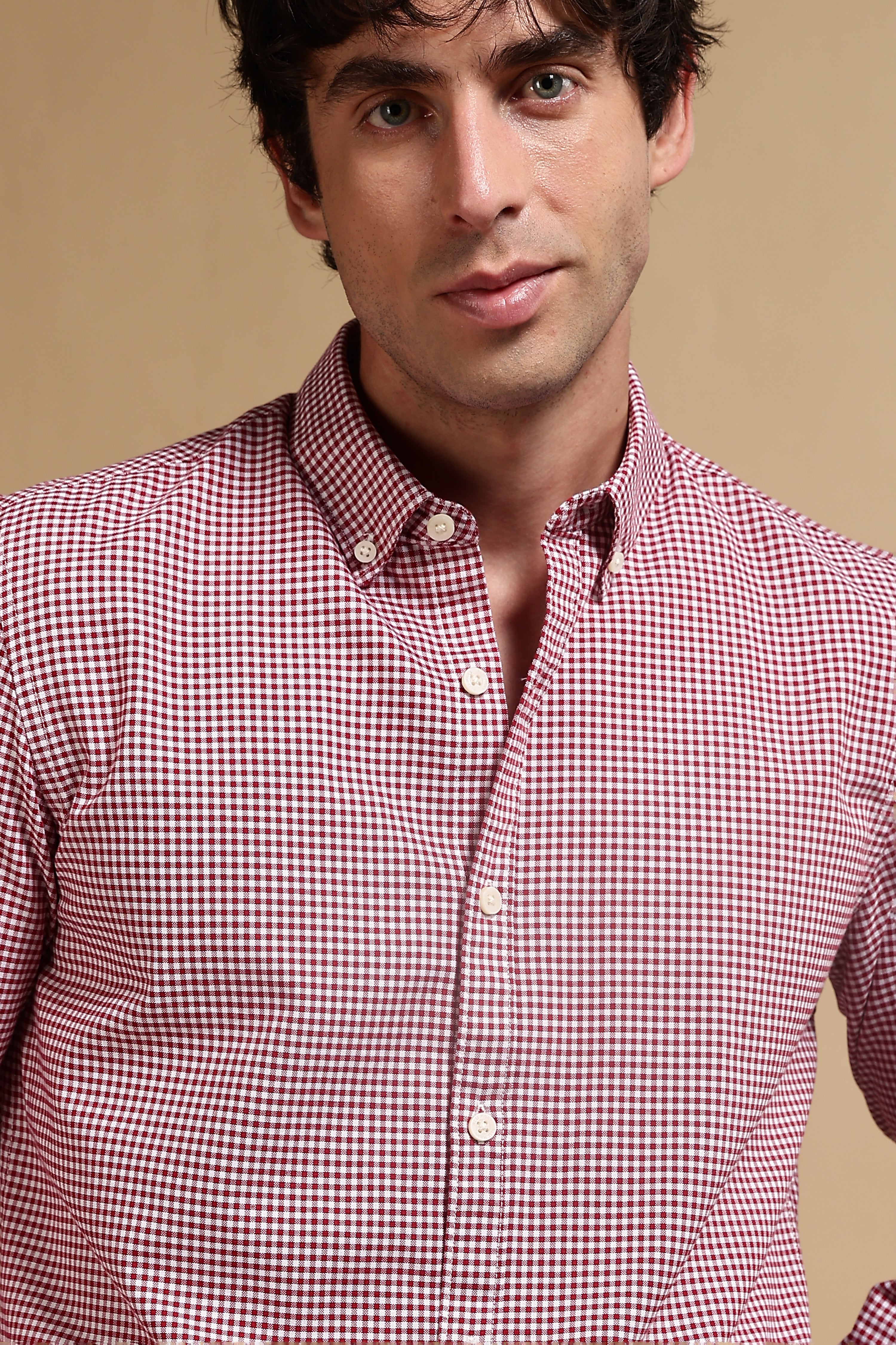 Men Red Cotton Oxford Slim Fit Mini Checks Shirt