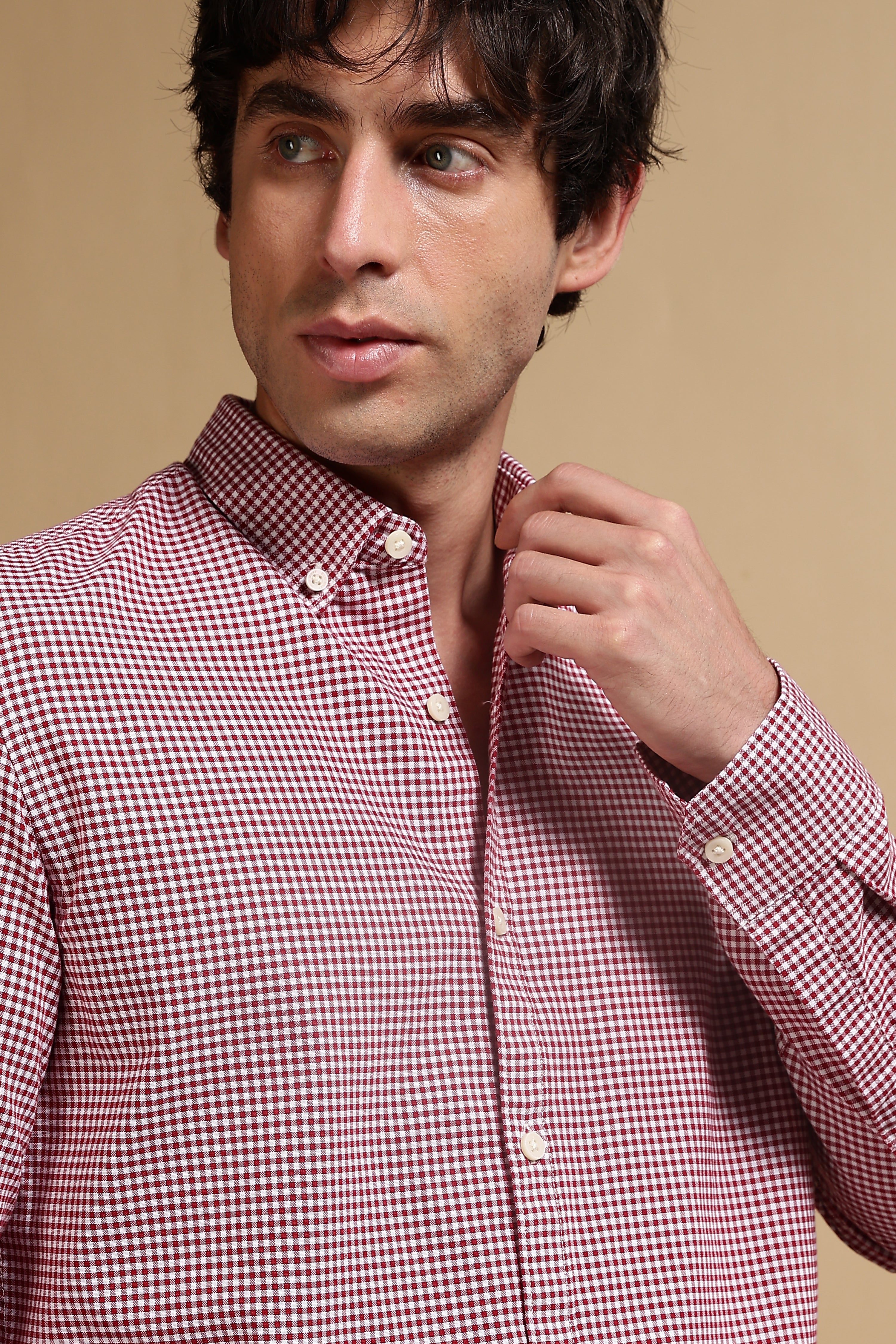Men Red Cotton Oxford Slim Fit Mini Checks Shirt