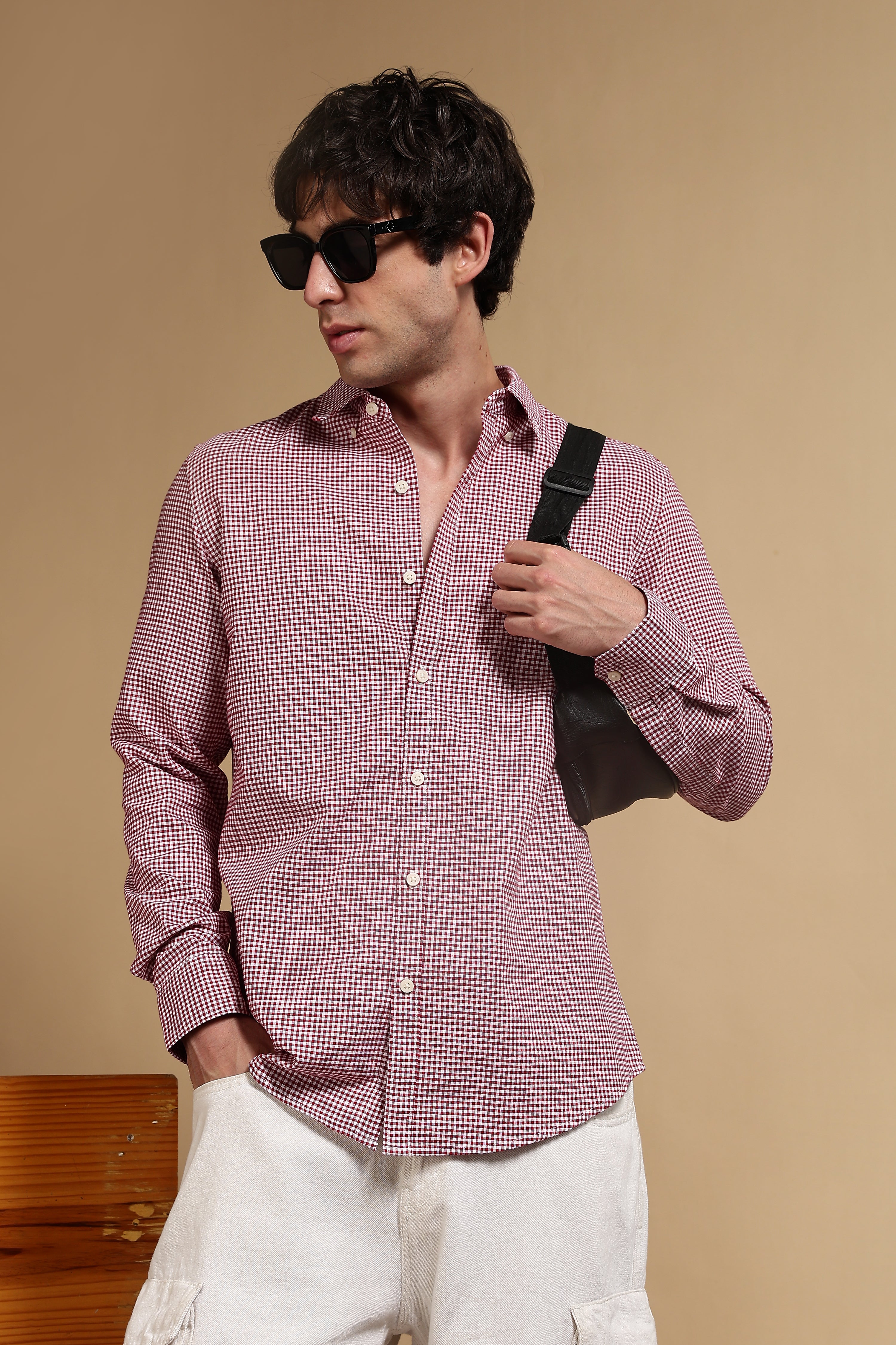 Men Red Cotton Oxford Slim Fit Mini Checks Shirt