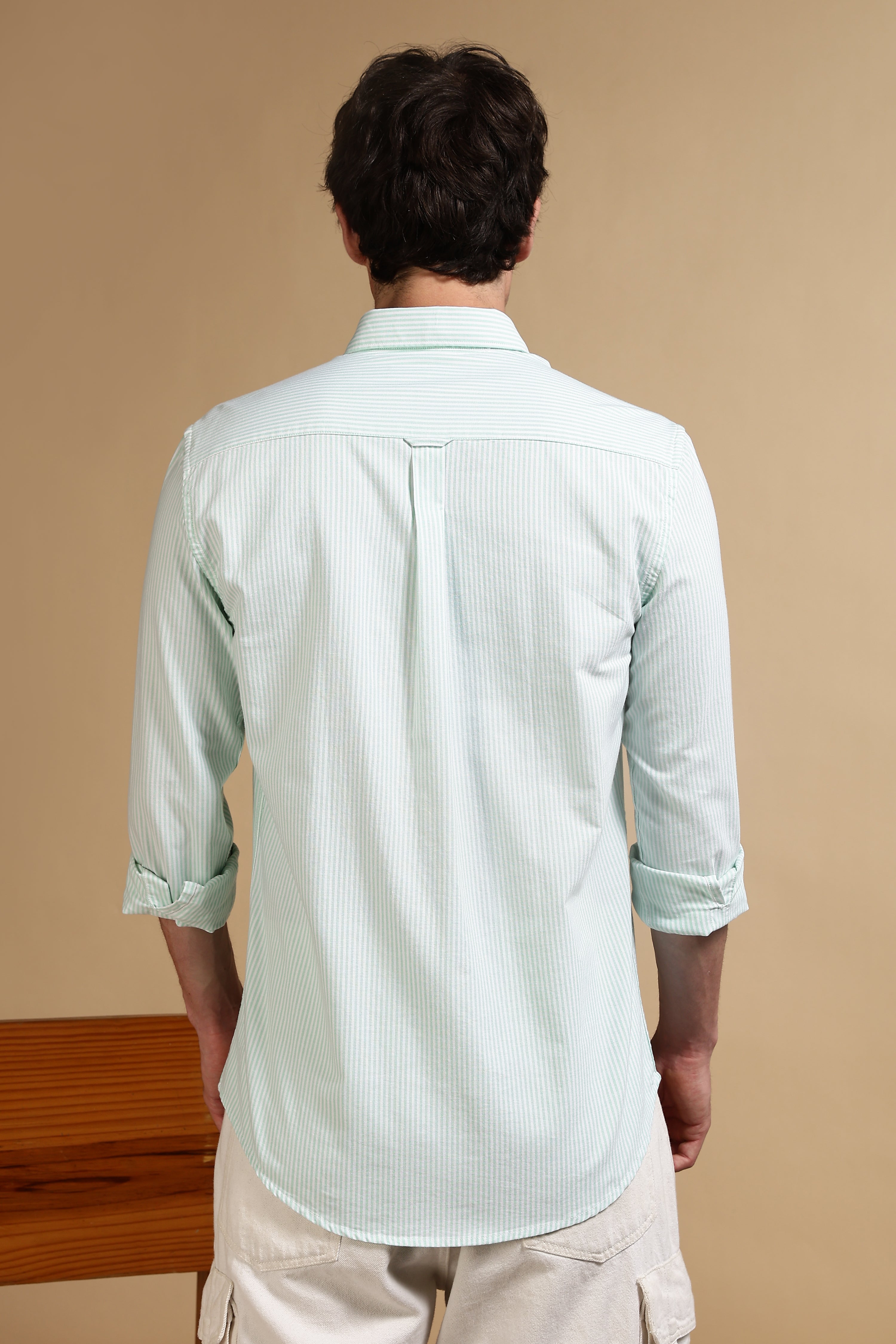 Men Green Cotton Oxford Slim Fit Striped Shirt